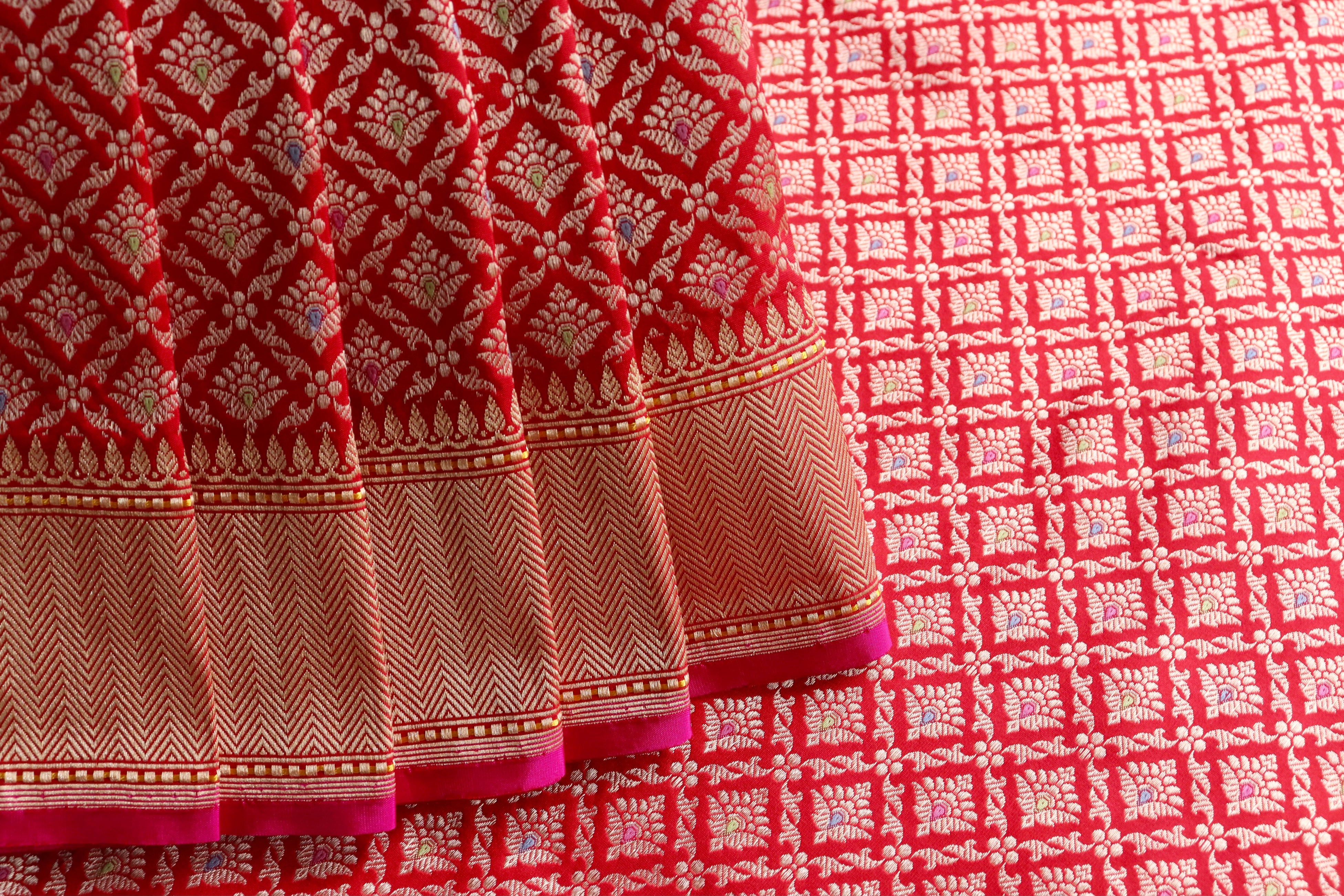 Red Meenadar Handwoven Banarasi Tanchoi Silk Saree