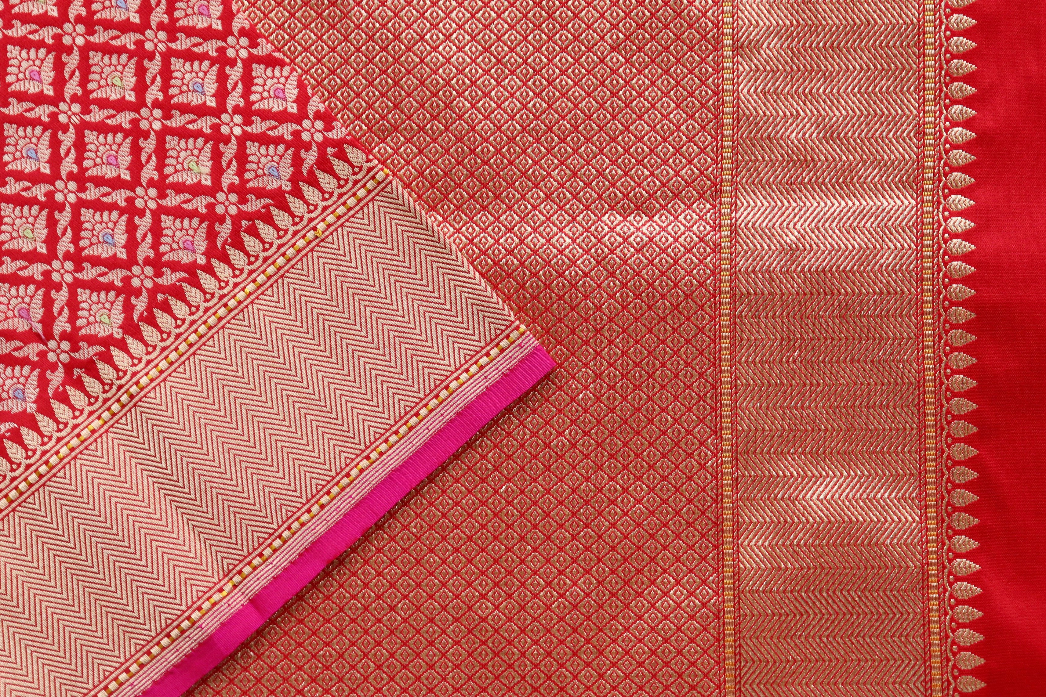 Red Meenadar Handwoven Banarasi Tanchoi Silk Saree