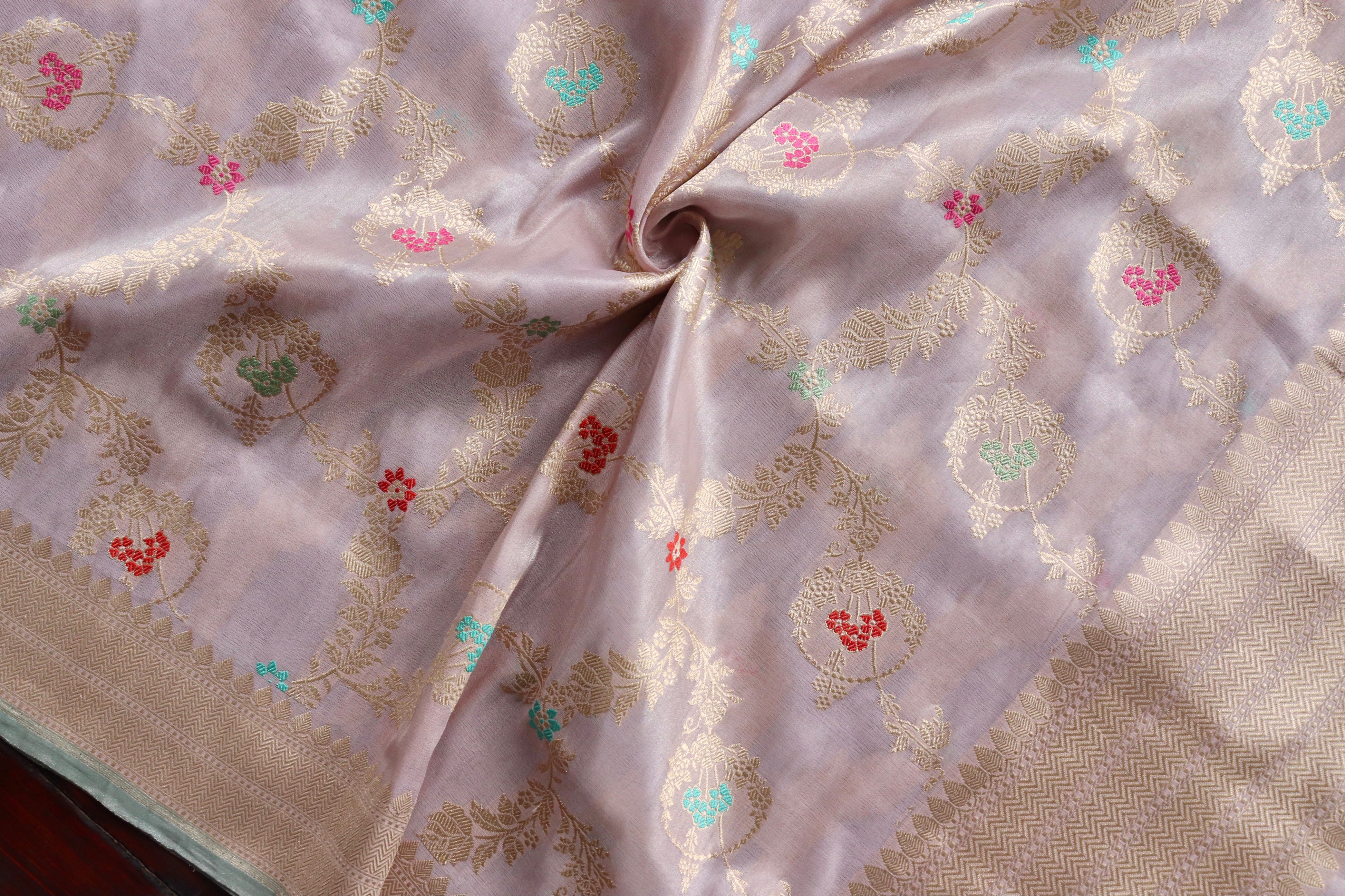 Light Pink Jangla Pure Silk Handloom Banarasi Dupatta