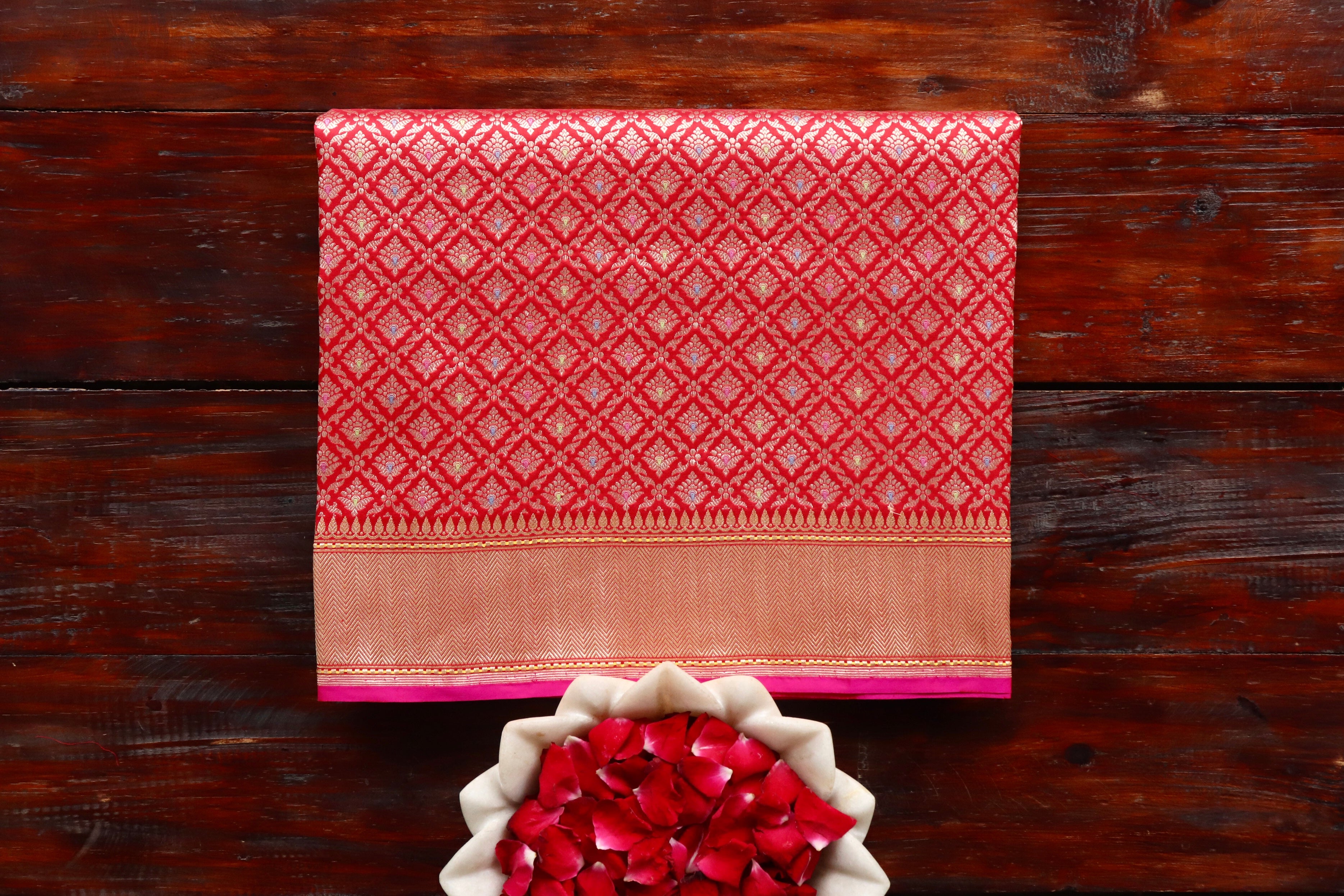 Red Meenadar Handwoven Banarasi Tanchoi Silk Saree