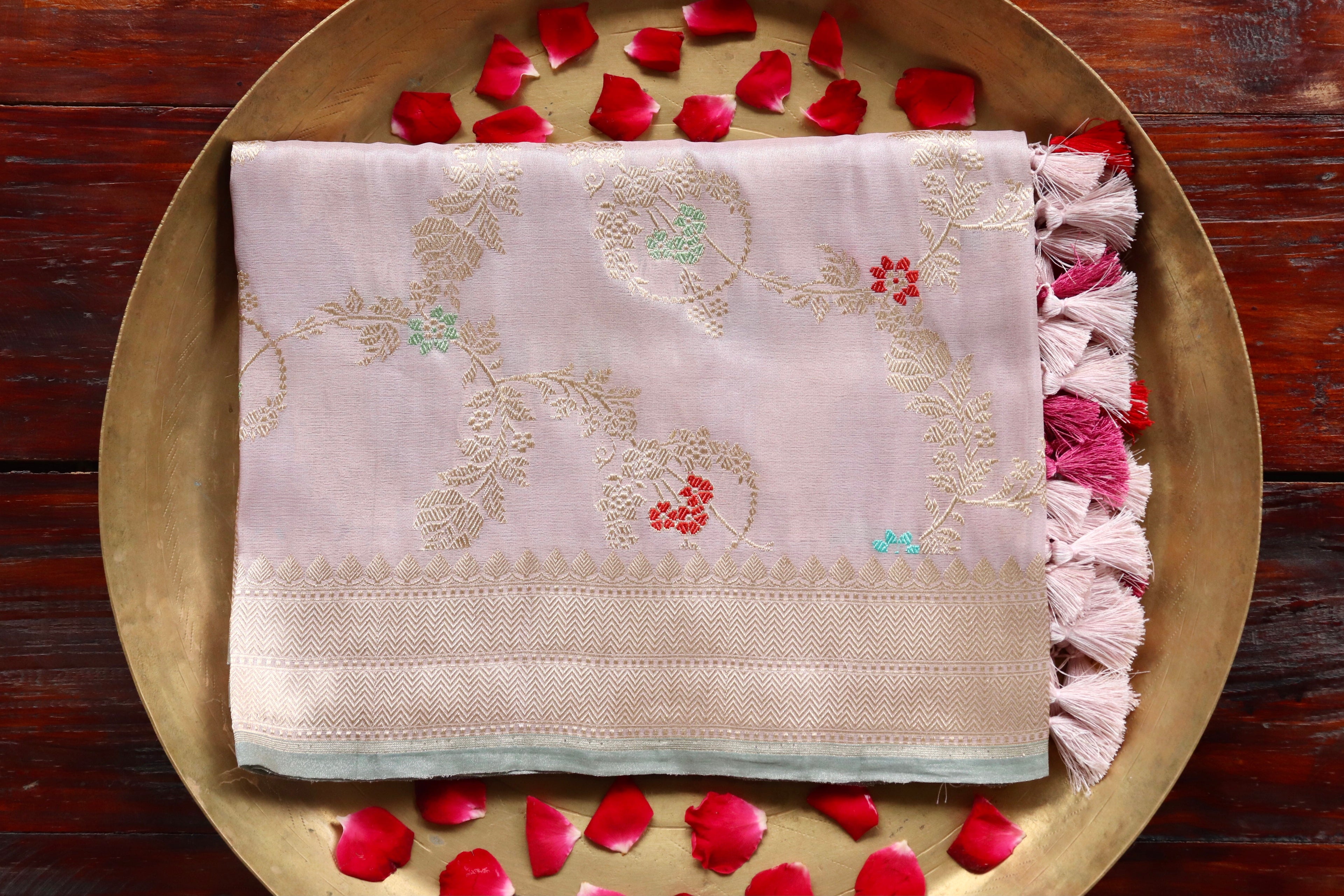 Light Pink Jangla Pure Silk Handloom Banarasi Dupatta