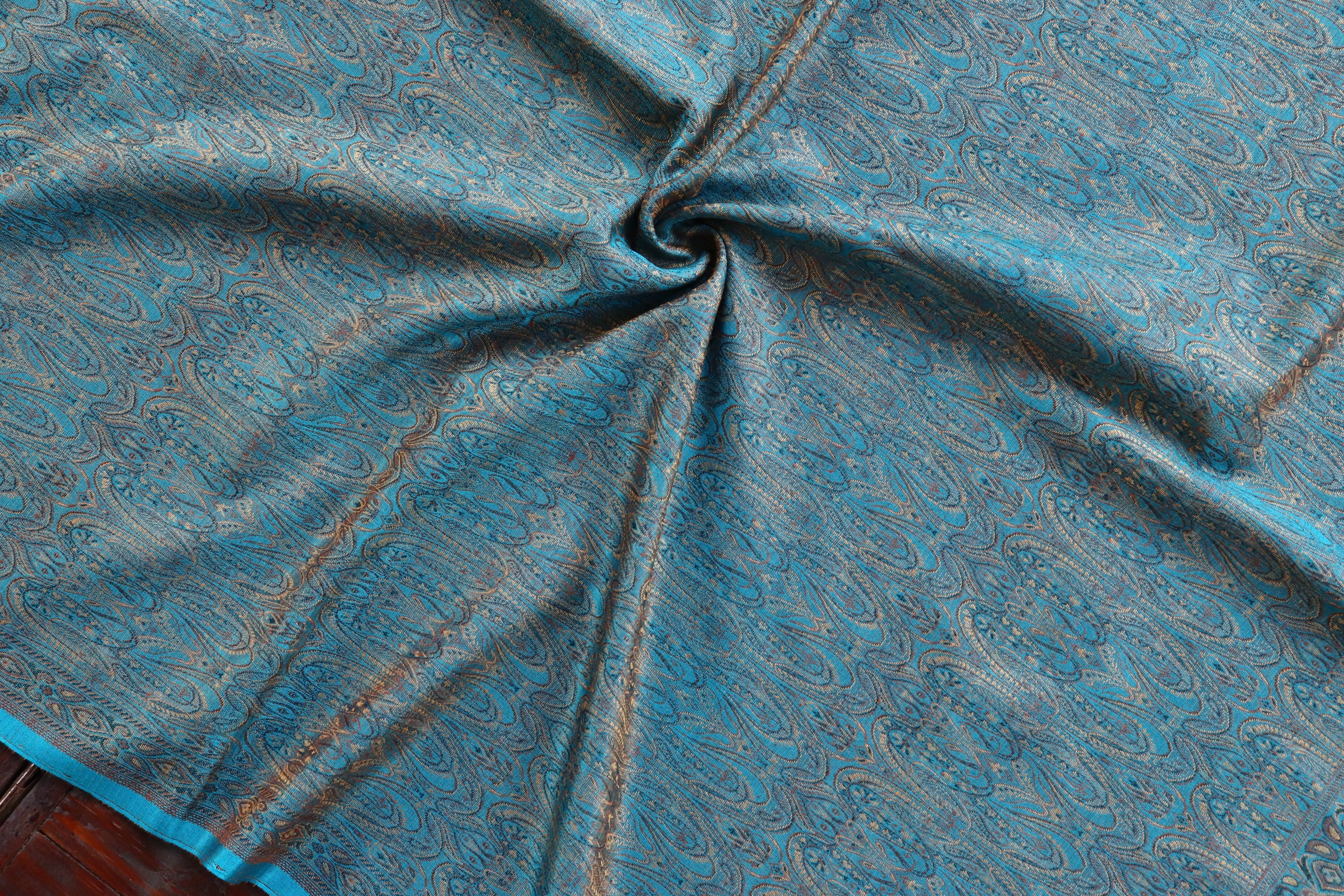 Blue Pure Wool & Silk Handloom Banarasi Shawl