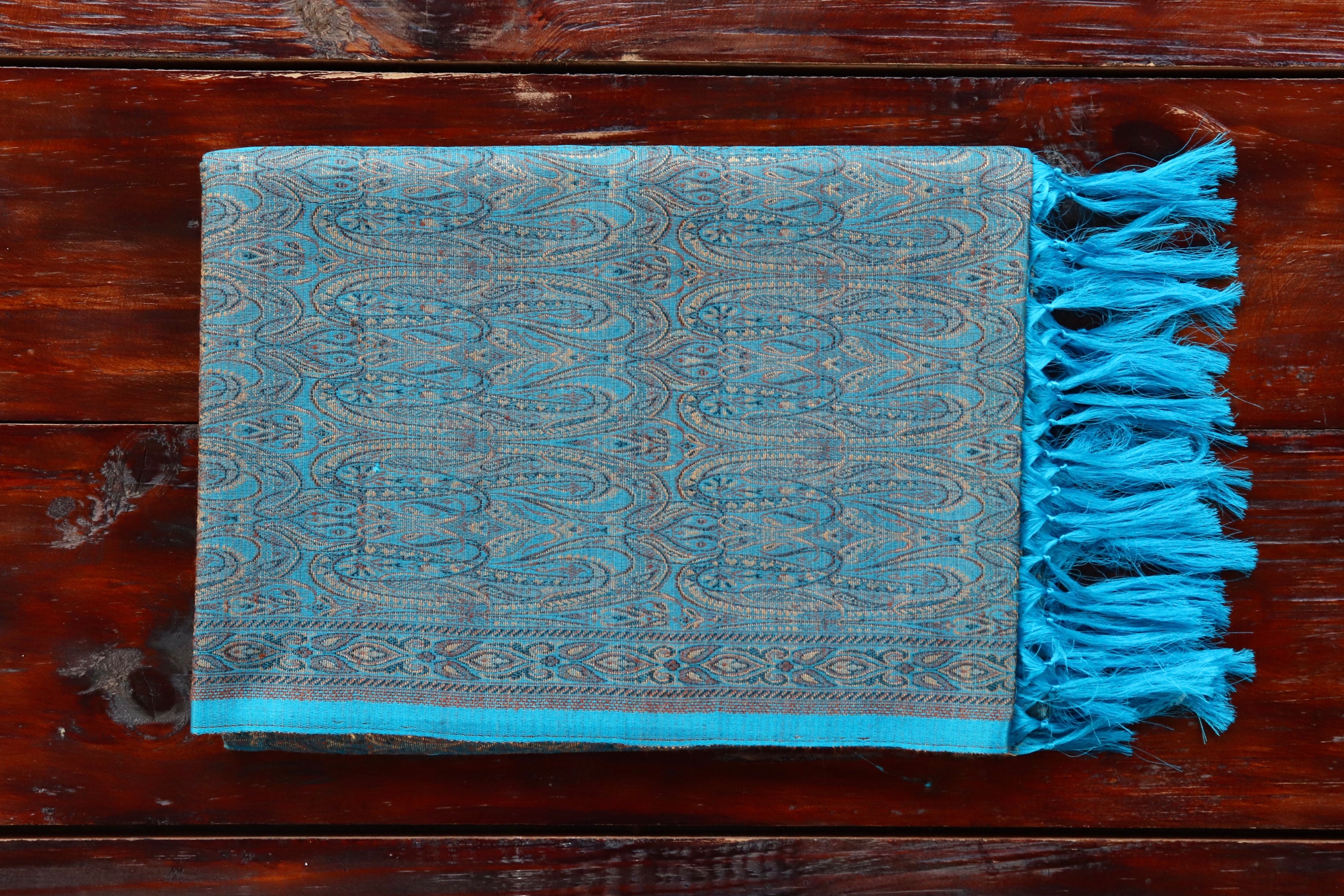 Blue Pure Wool & Silk Handloom Banarasi Shawl