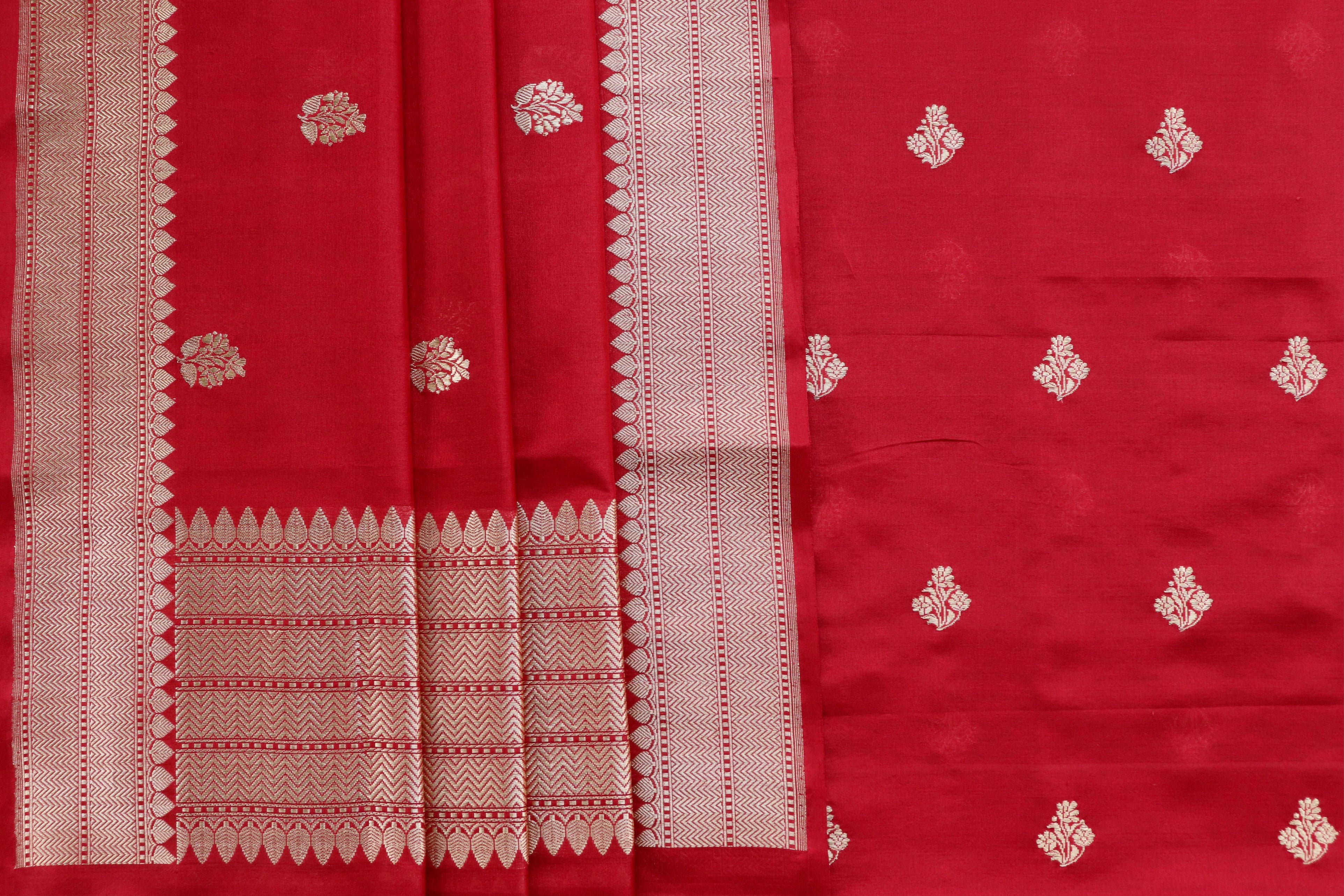 Bright Red Silk By Cotton Handloom Banarasi Suit Set