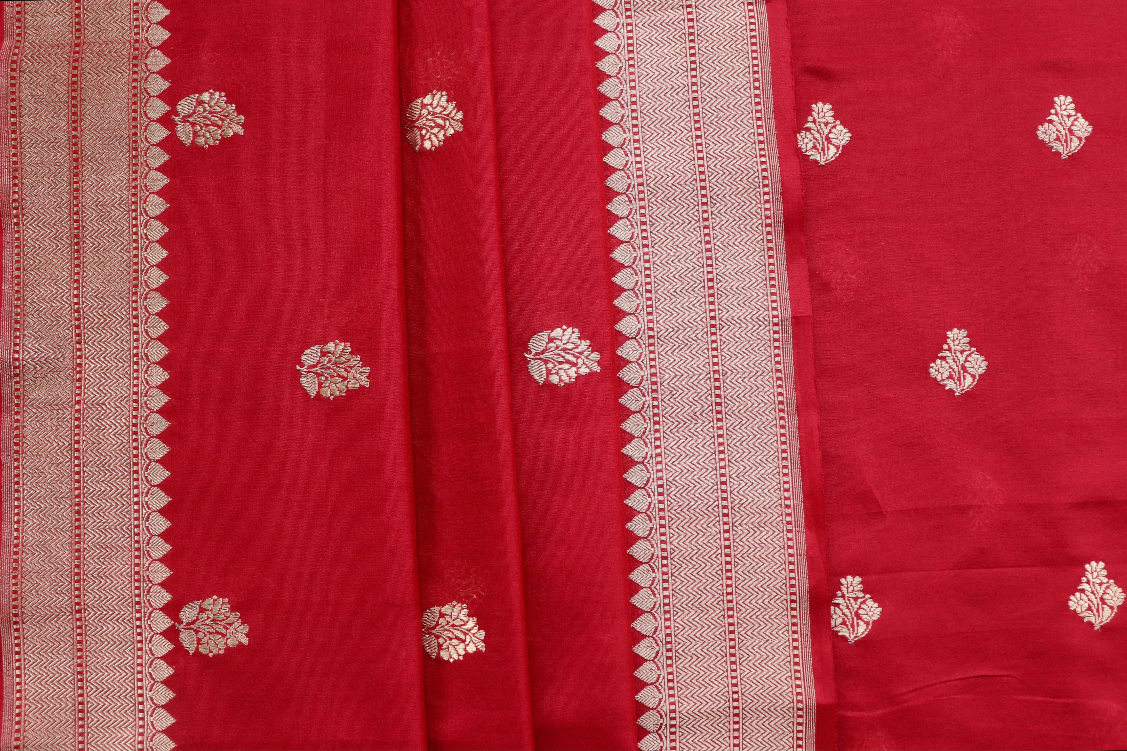Bright Red Silk By Cotton Handloom Banarasi Suit Set