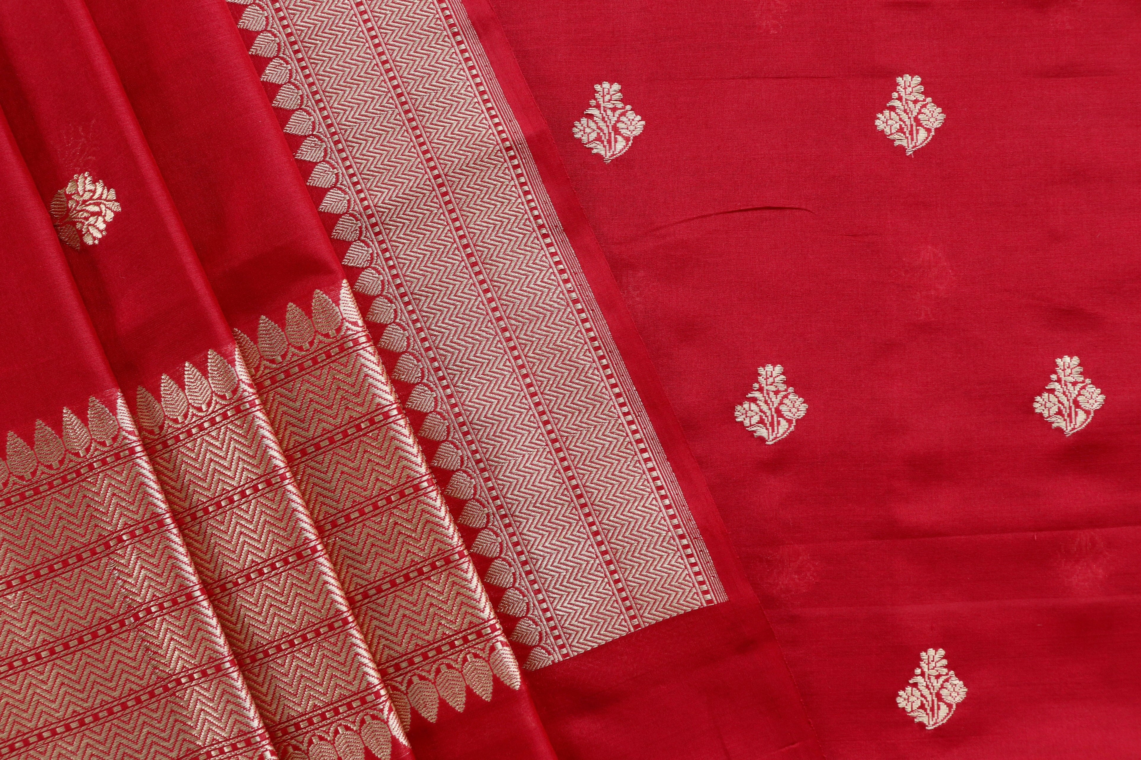 Bright Red Silk By Cotton Handloom Banarasi Suit Set