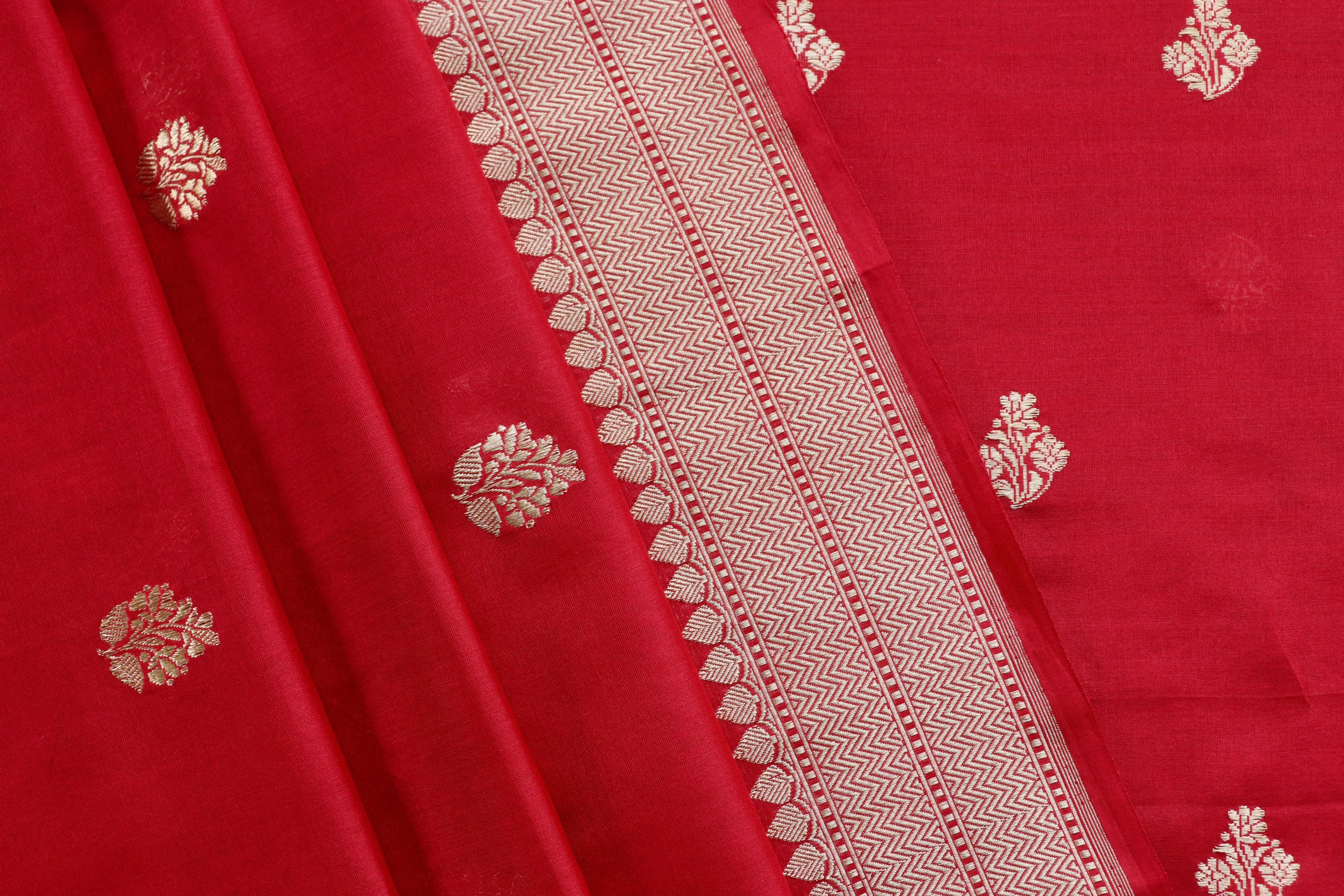 Bright Red Silk By Cotton Handloom Banarasi Suit Set