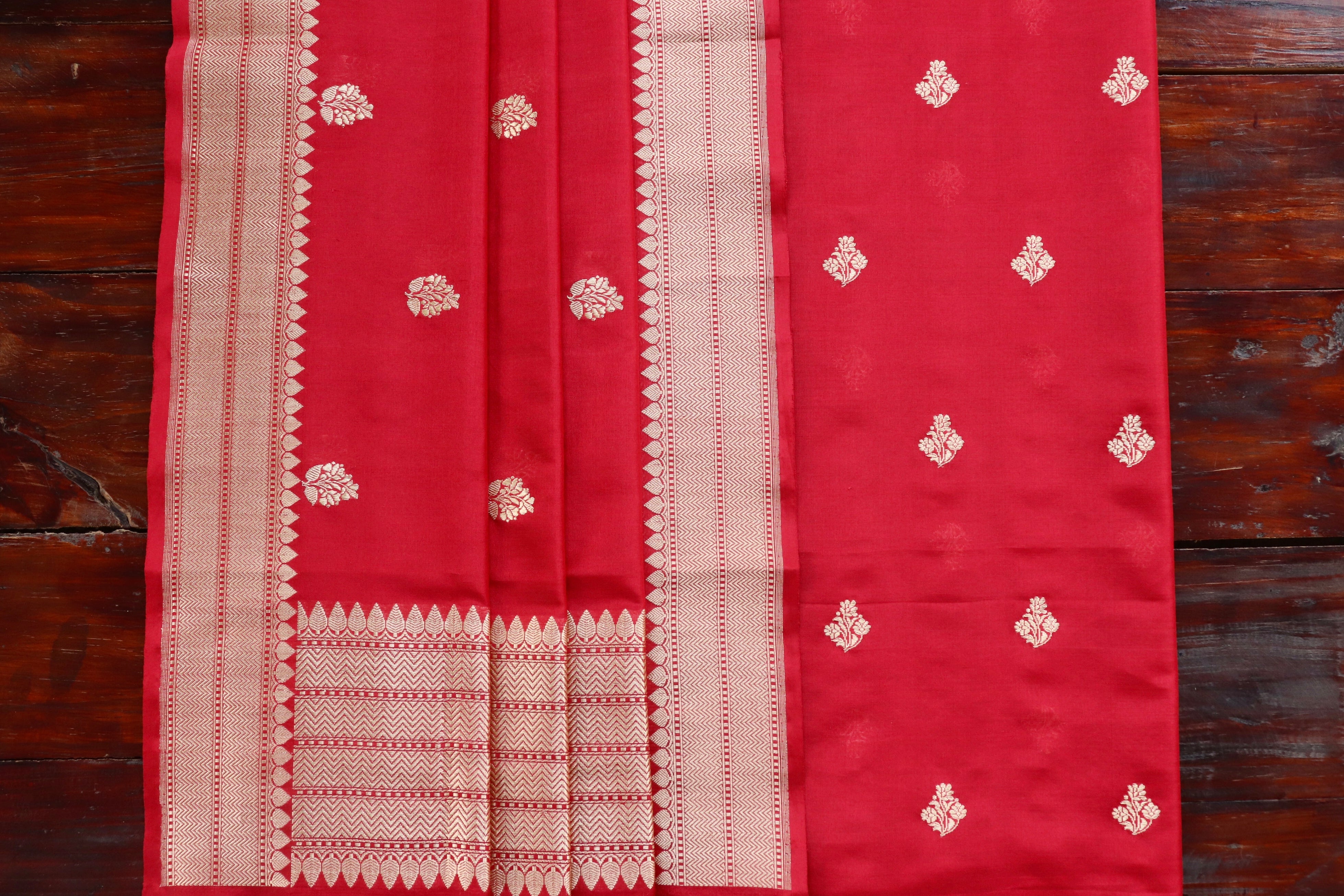 Bright Red Silk By Cotton Handloom Banarasi Suit Set