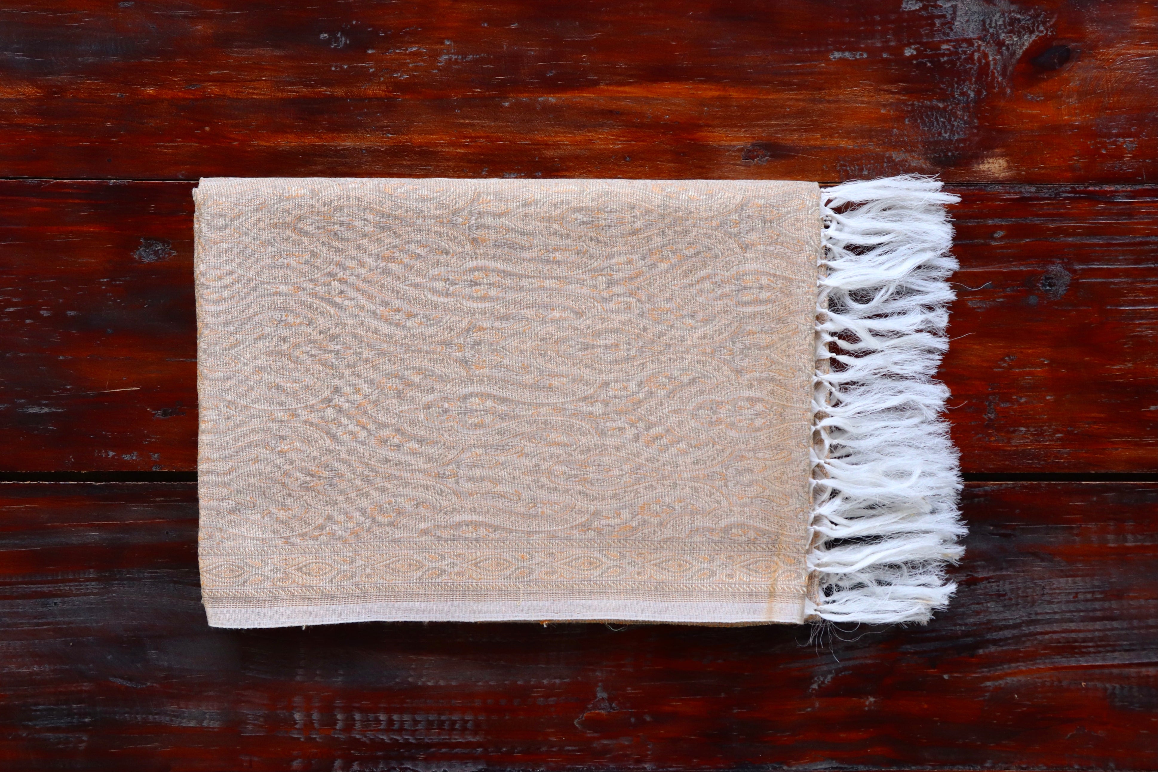 Beige Pure Wool & Silk Handloom Banarasi Shawl