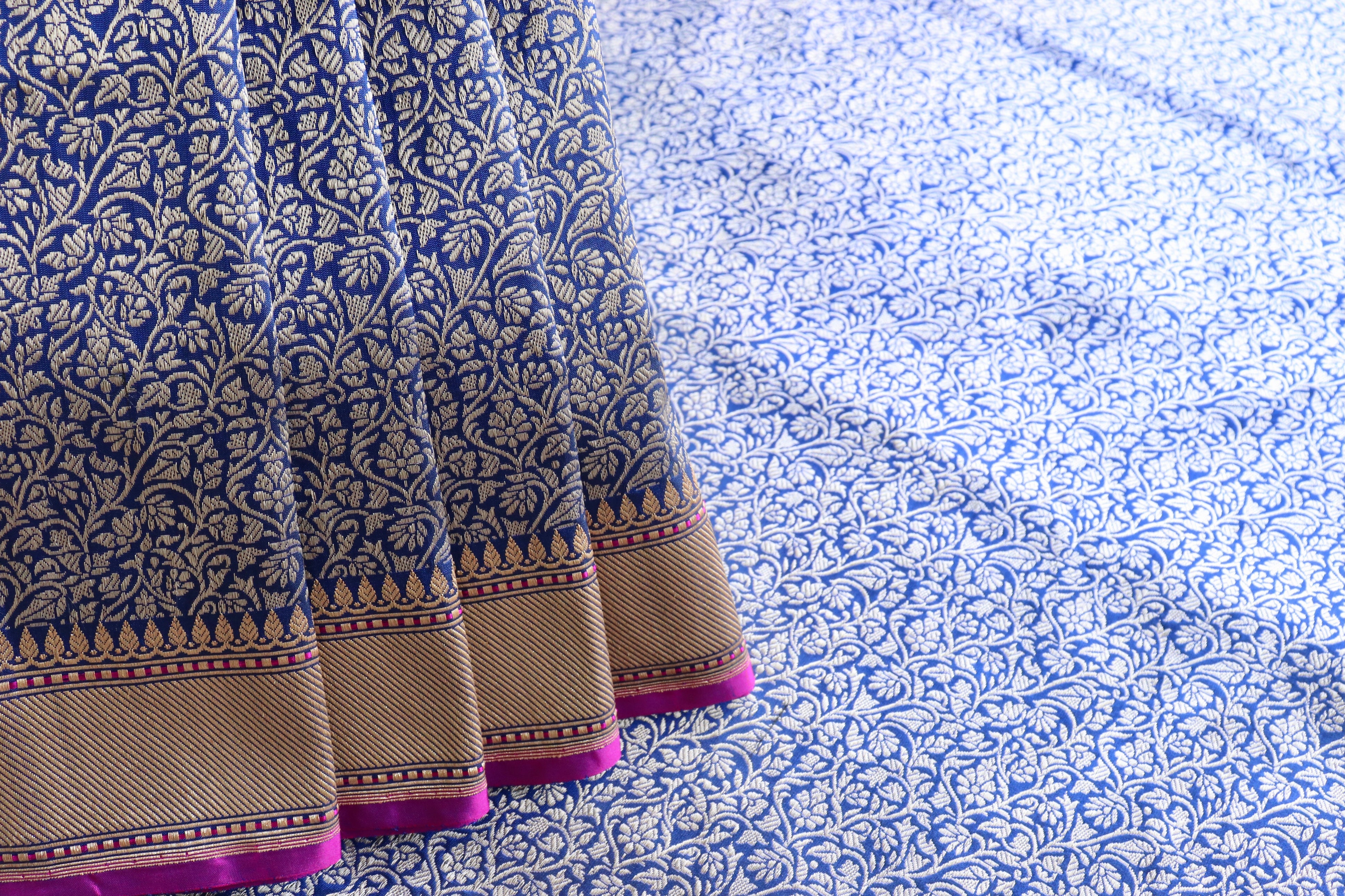 Navy Blue Handwoven Banarasi Tanchoi Silk Saree