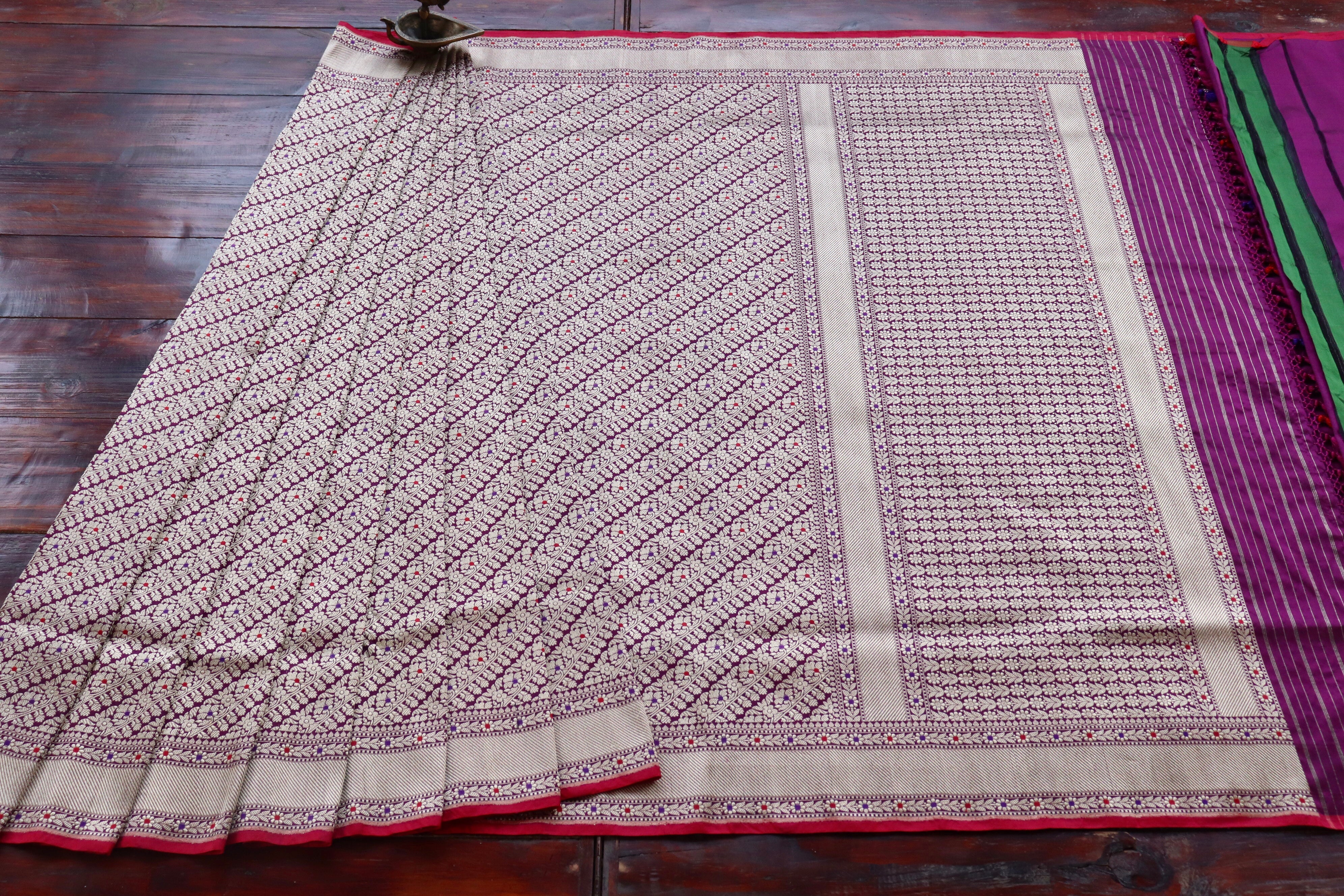 Purple Meenadar Tanchoi Pure Silk Handloom Banarasi Saree