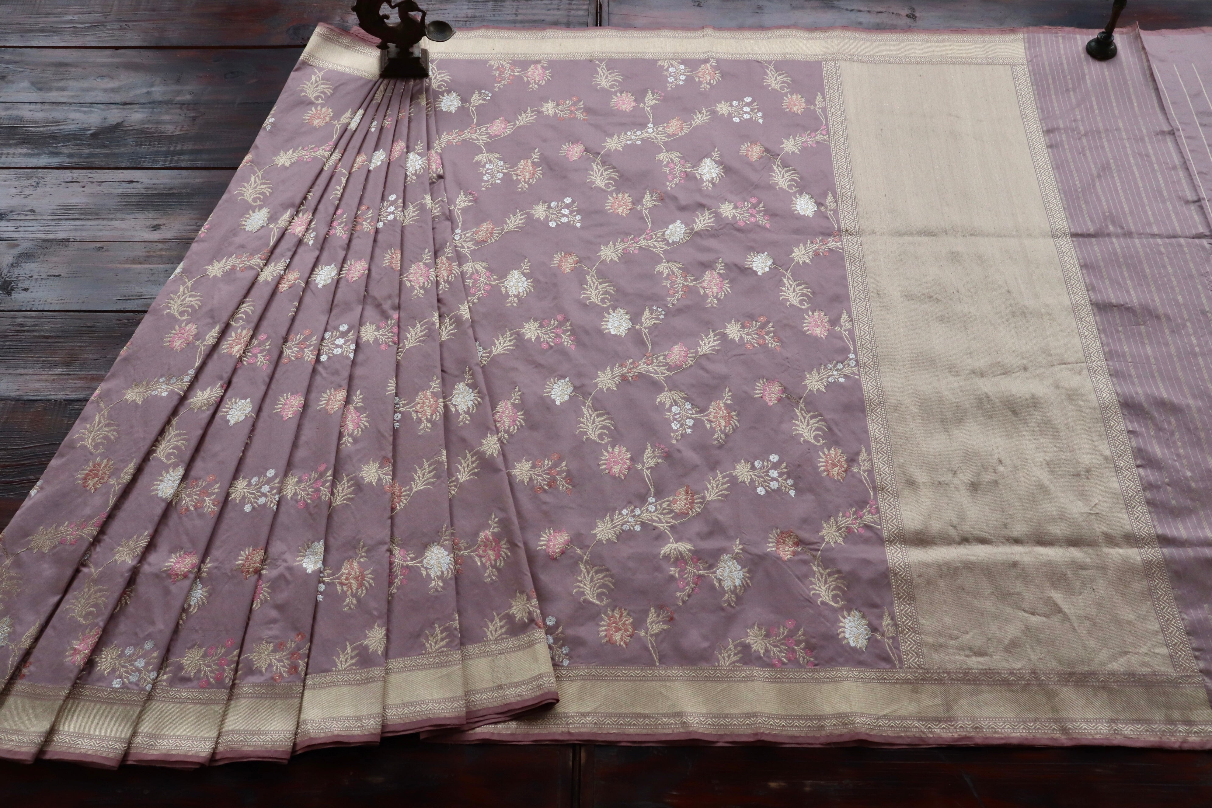 Pinkish Beige Jangla Pure Silk Handloom Banarasi Saree