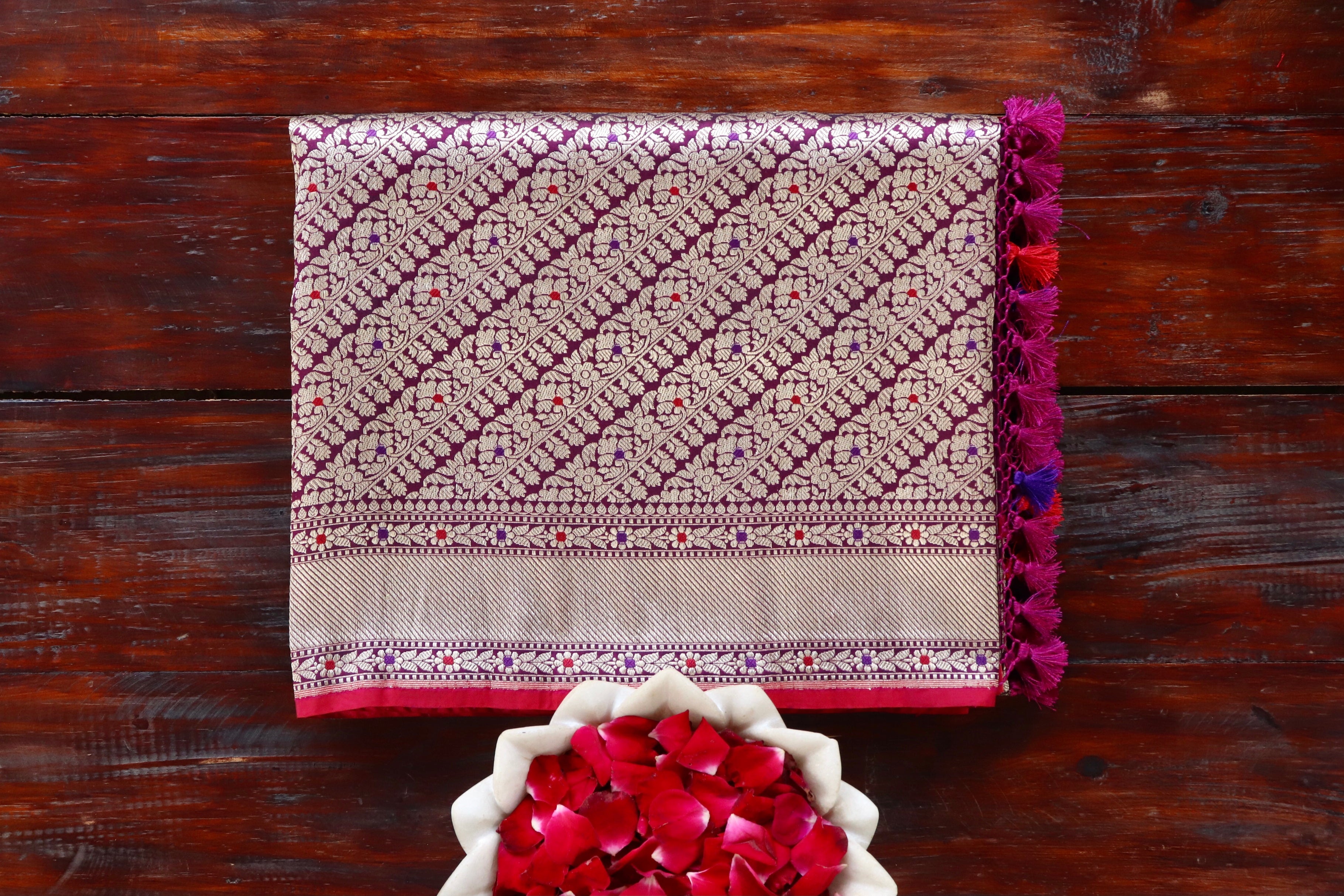 Purple Meenadar Tanchoi Pure Silk Handloom Banarasi Saree