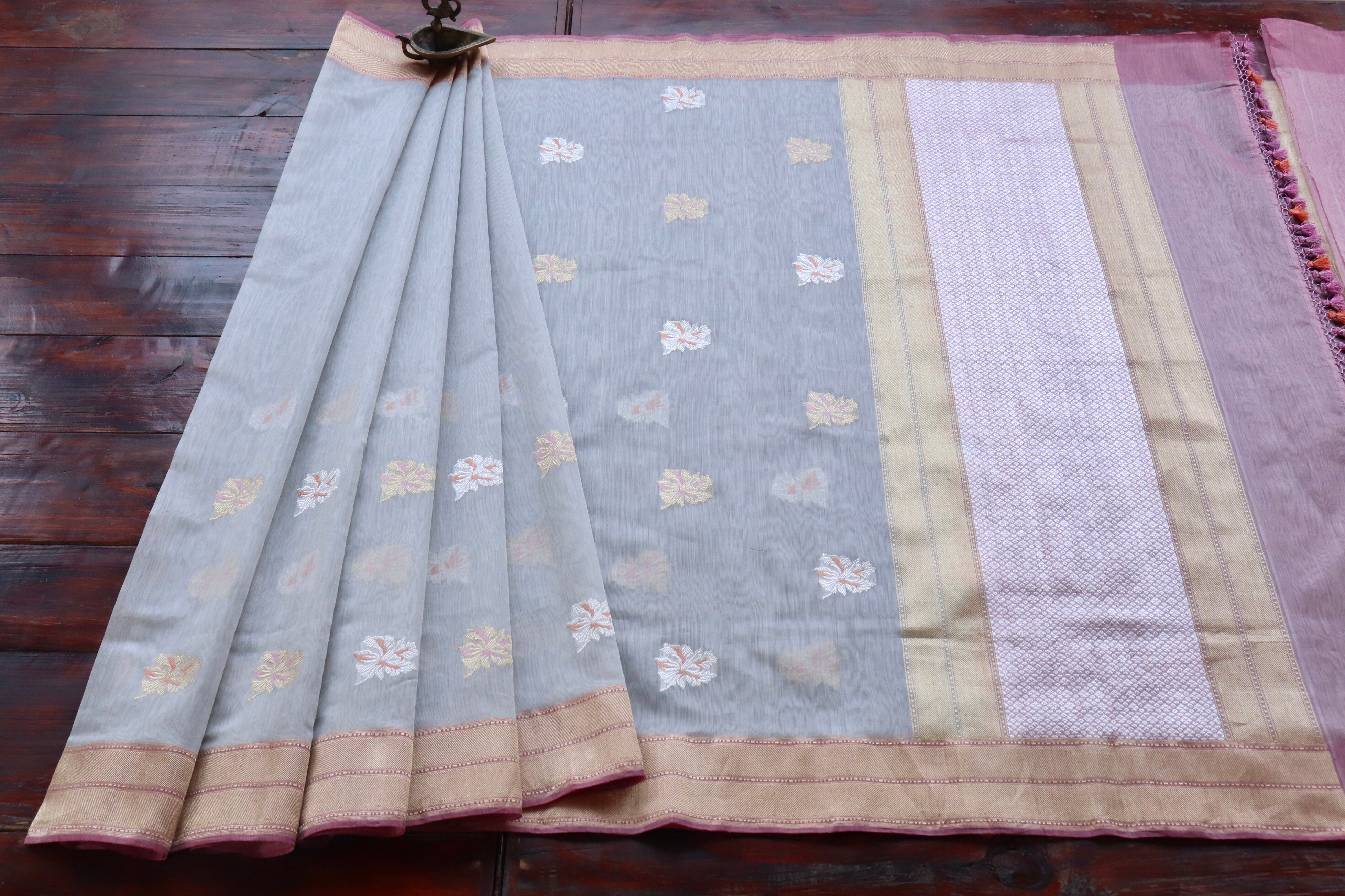 Grey & Pink Organza Kora By Cotton Handloom Saree