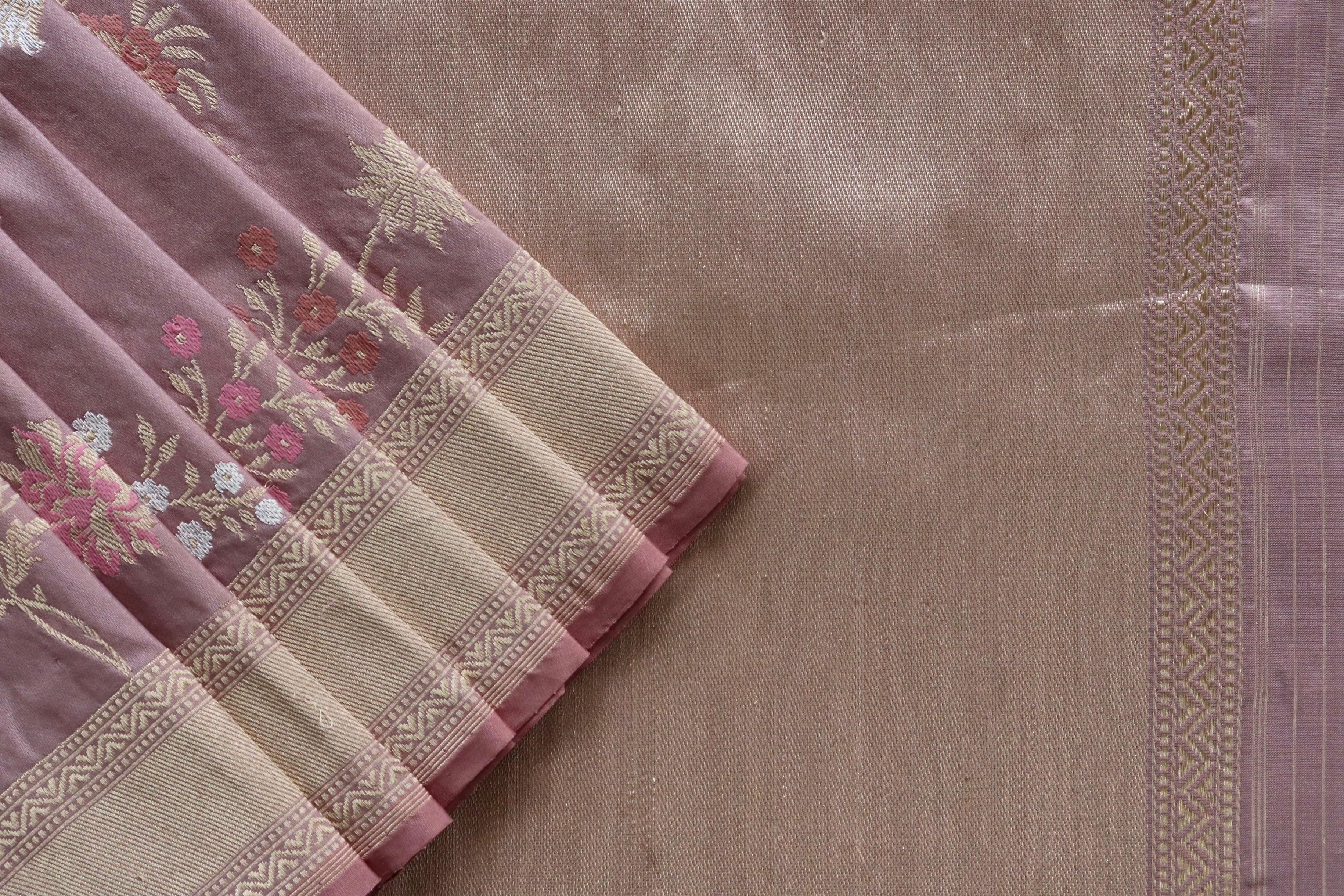 Pinkish Beige Jangla Pure Silk Handloom Banarasi Saree