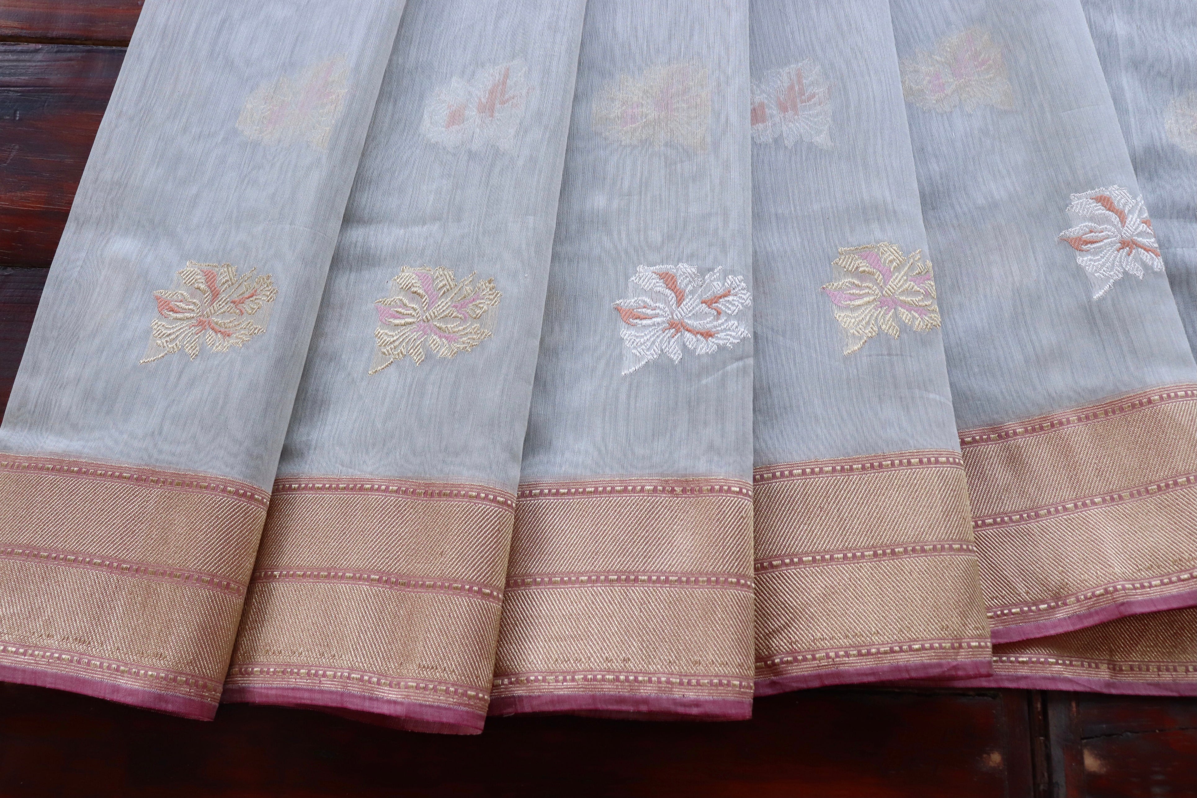 Grey & Pink Organza Kora By Cotton Handloom Saree