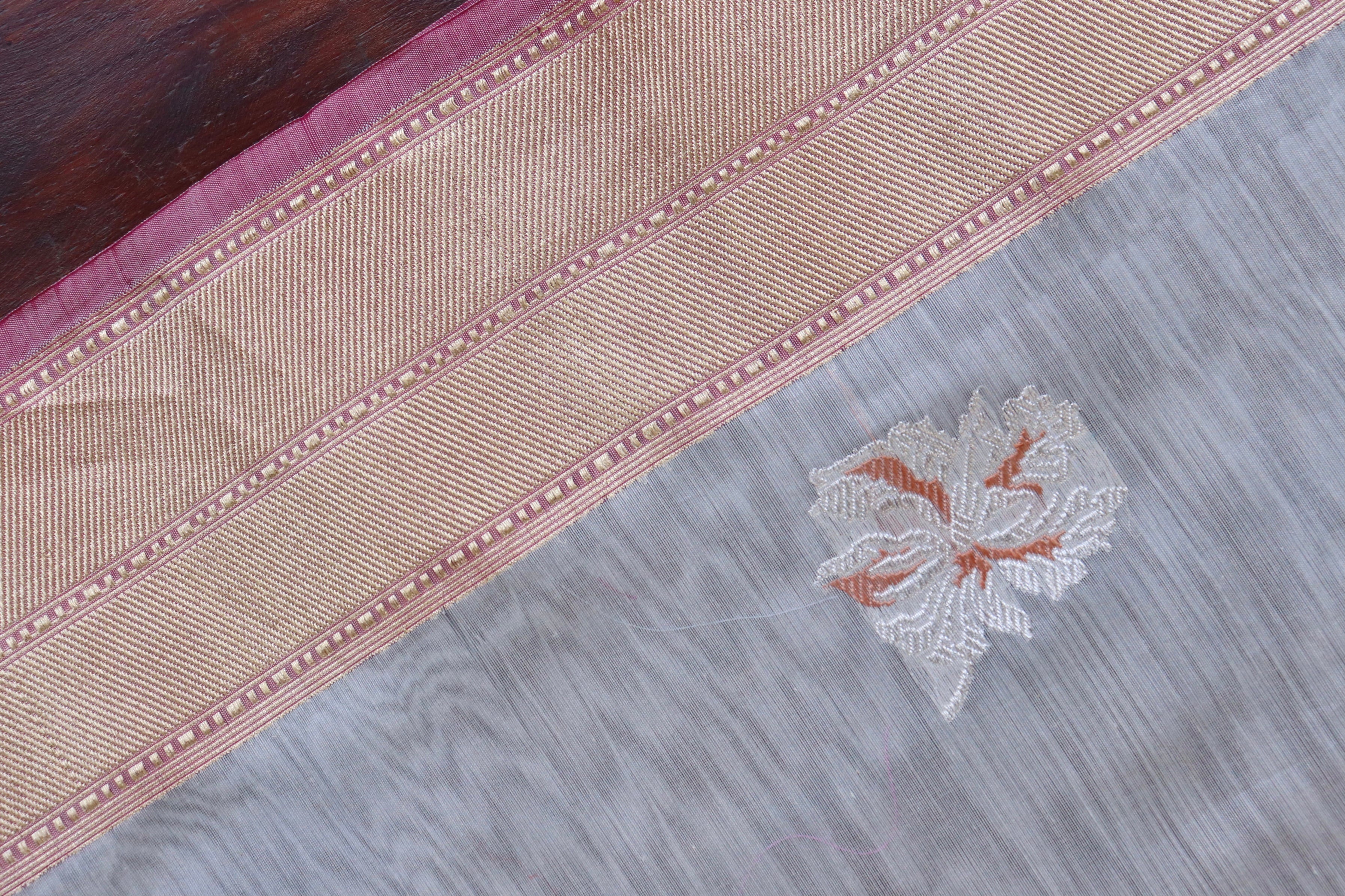 Grey & Pink Organza Kora By Cotton Handloom Saree