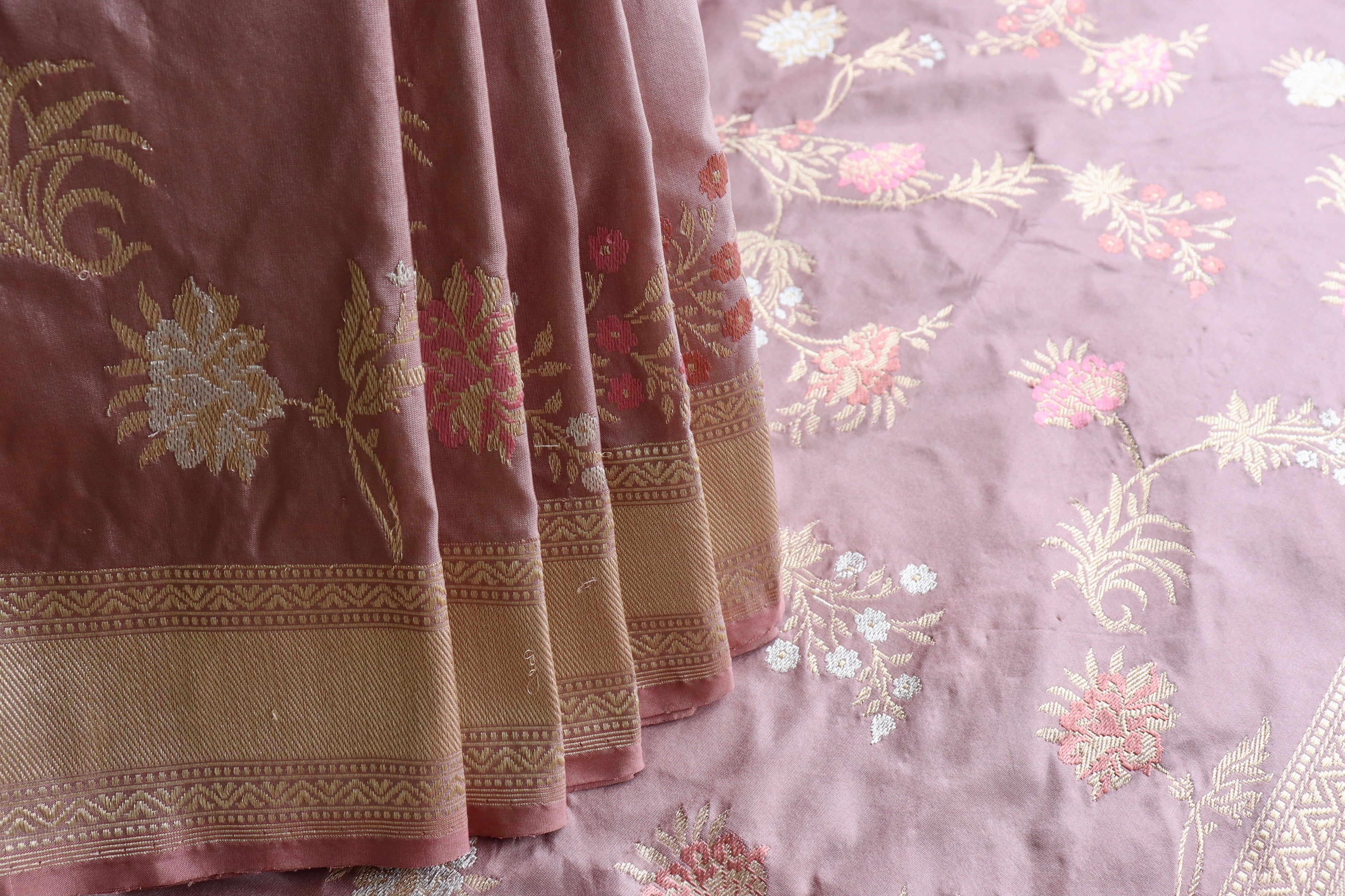 Pinkish Beige Jangla Pure Silk Handloom Banarasi Saree