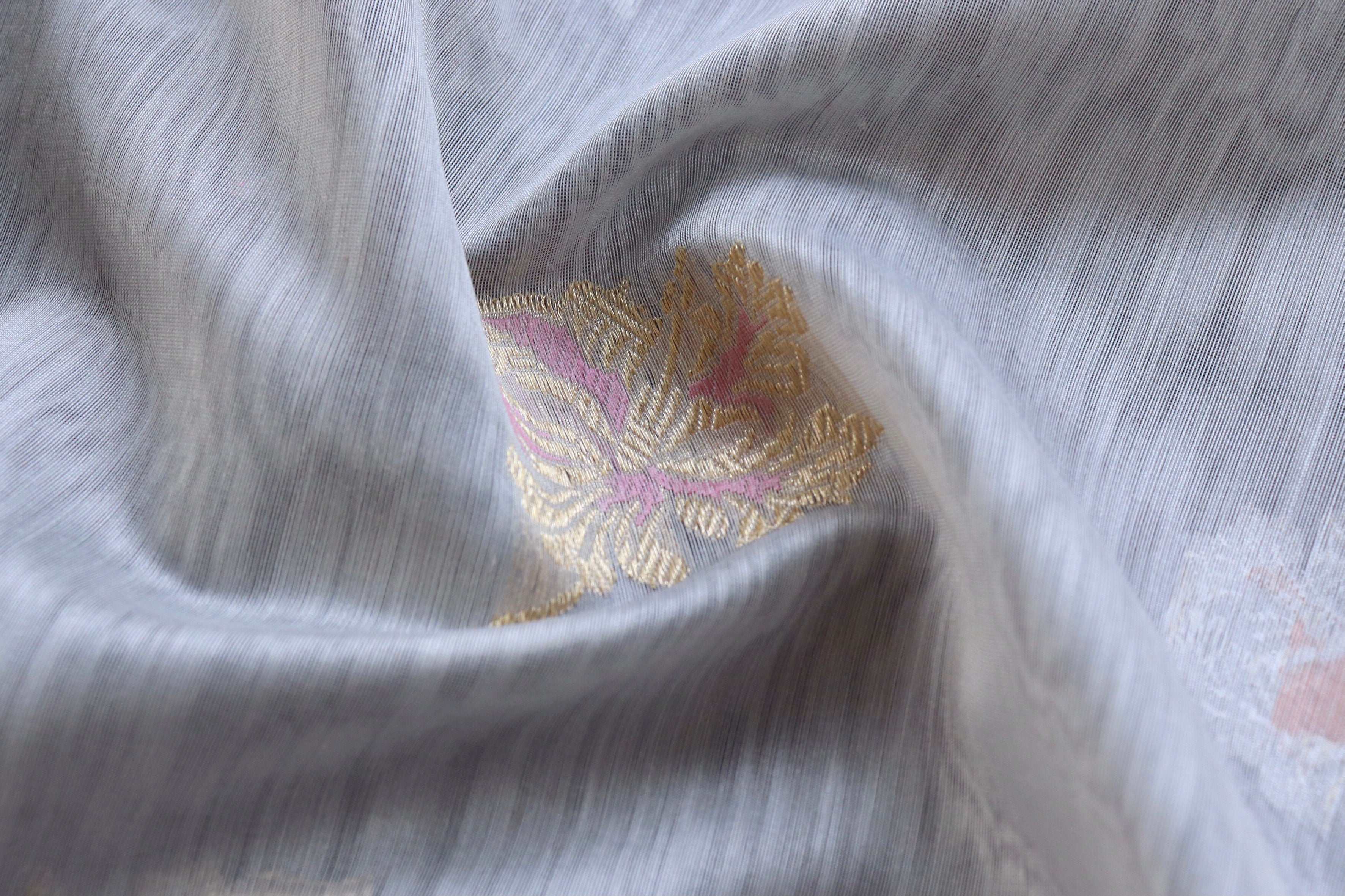 Grey & Pink Organza Kora By Cotton Handloom Saree