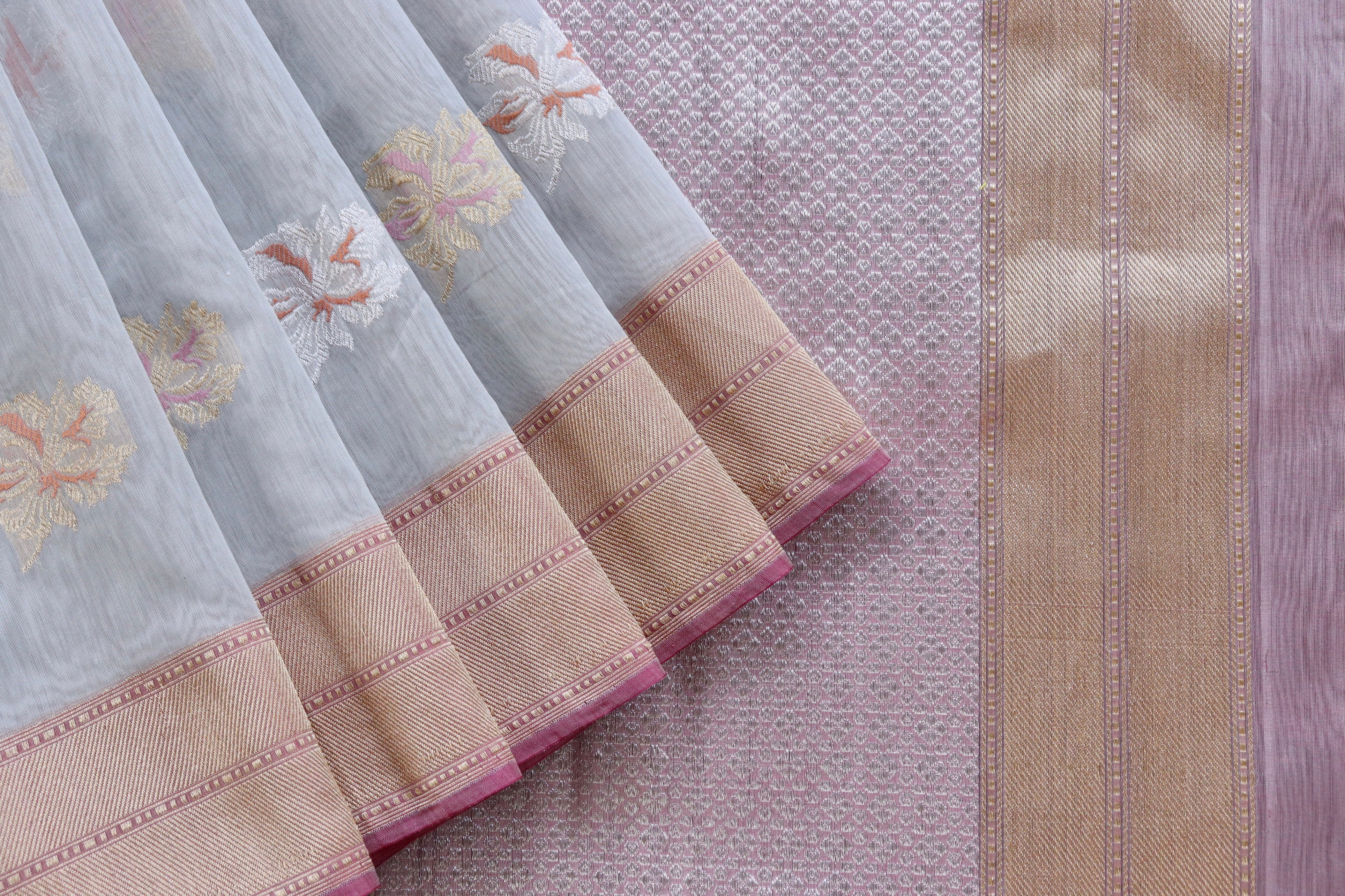 Grey & Pink Organza Kora By Cotton Handloom Saree