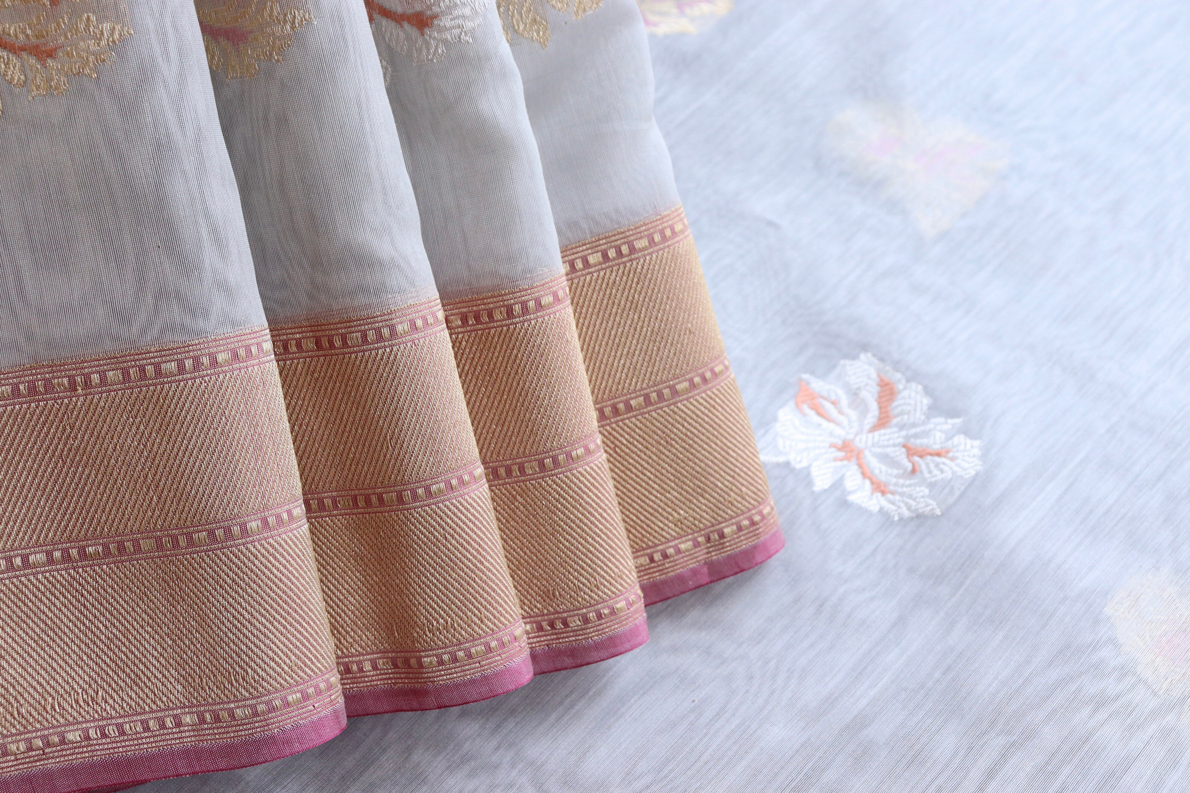 Grey & Pink Organza Kora By Cotton Handloom Saree
