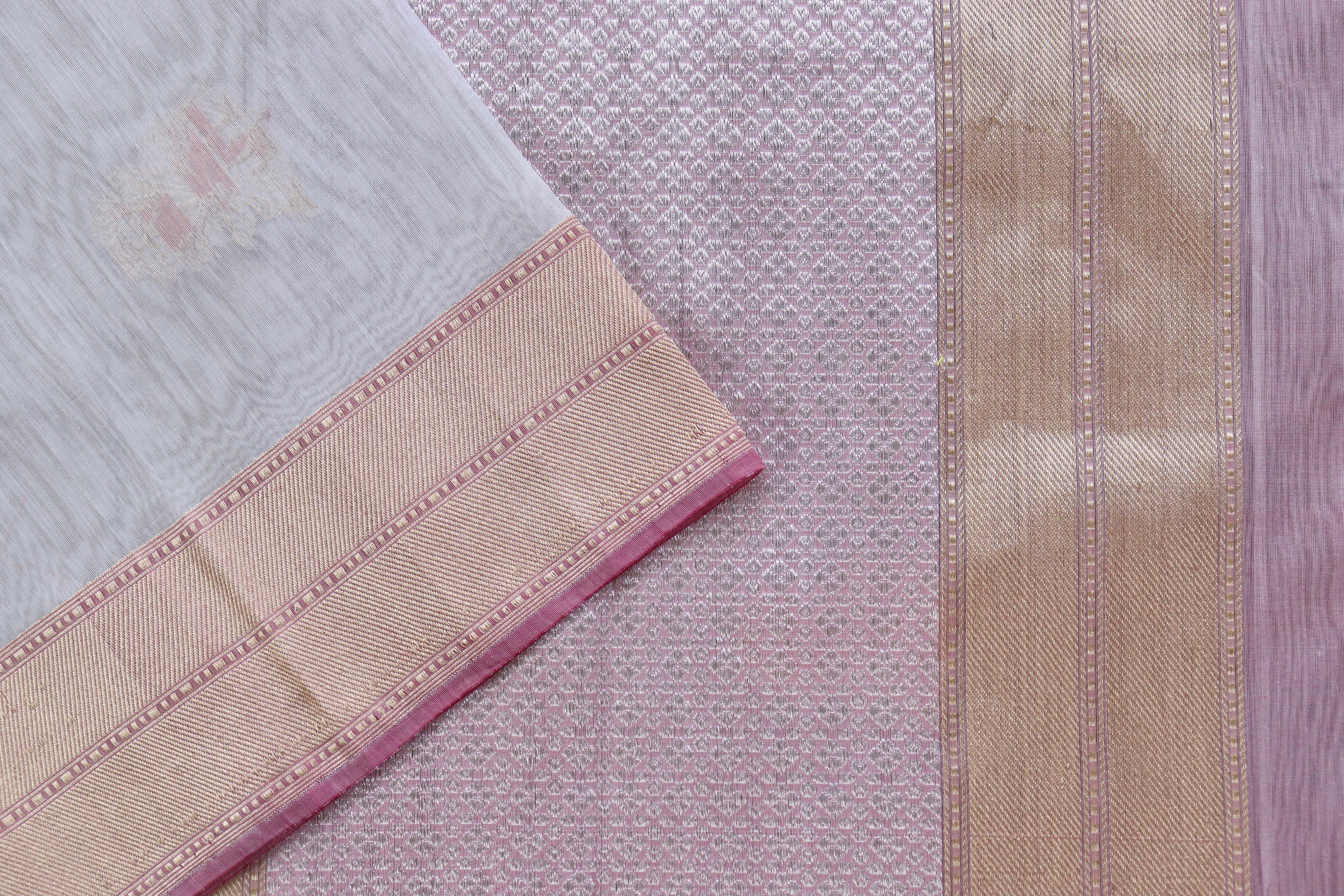 Grey & Pink Organza Kora By Cotton Handloom Saree