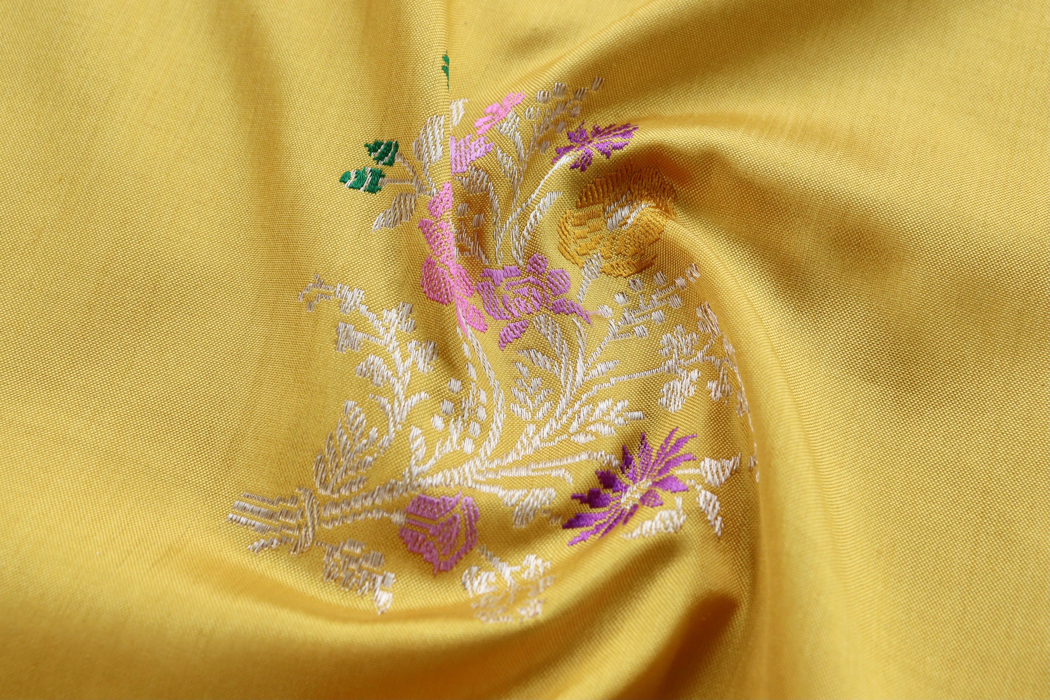 Yellow Guldasta Motif Pure Kora Silk Handloom Saree