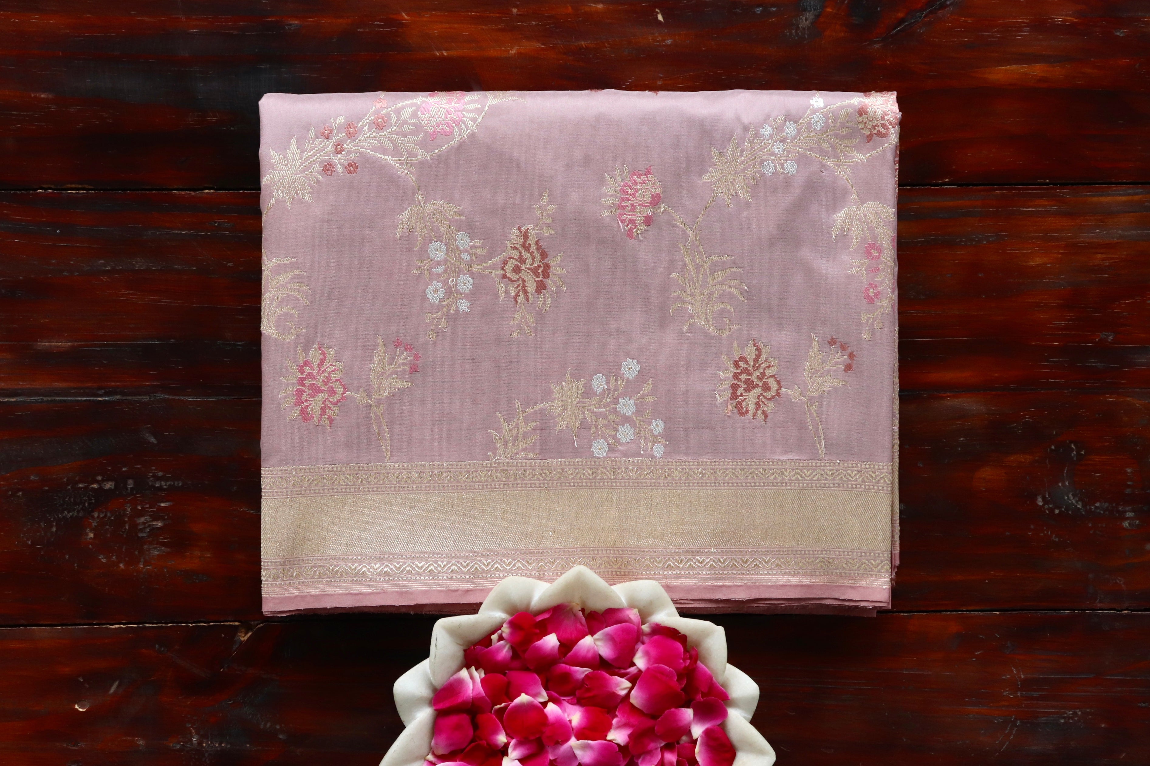 Pinkish Beige Jangla Pure Silk Handloom Banarasi Saree