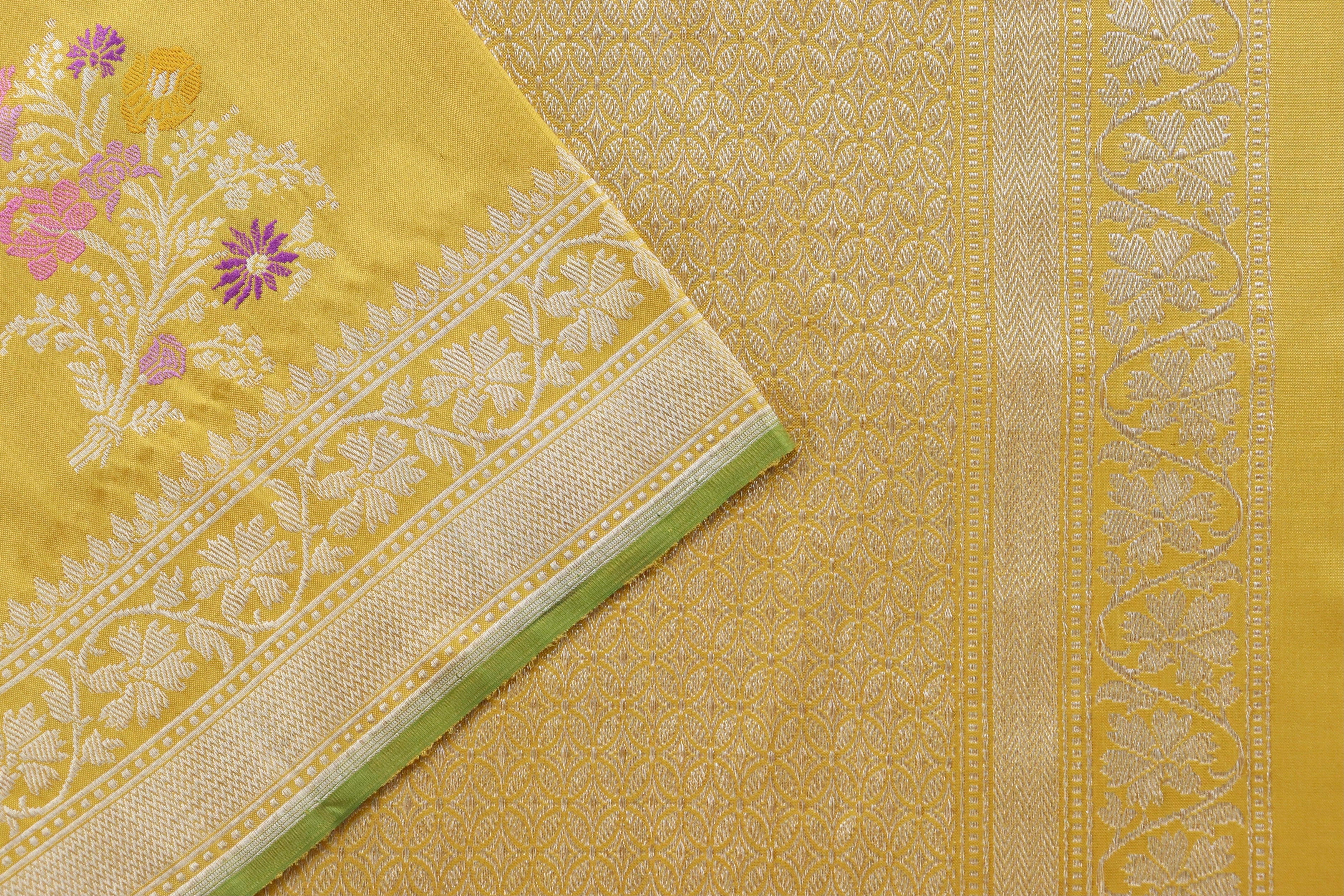 Yellow Guldasta Motif Pure Kora Silk Handloom Saree