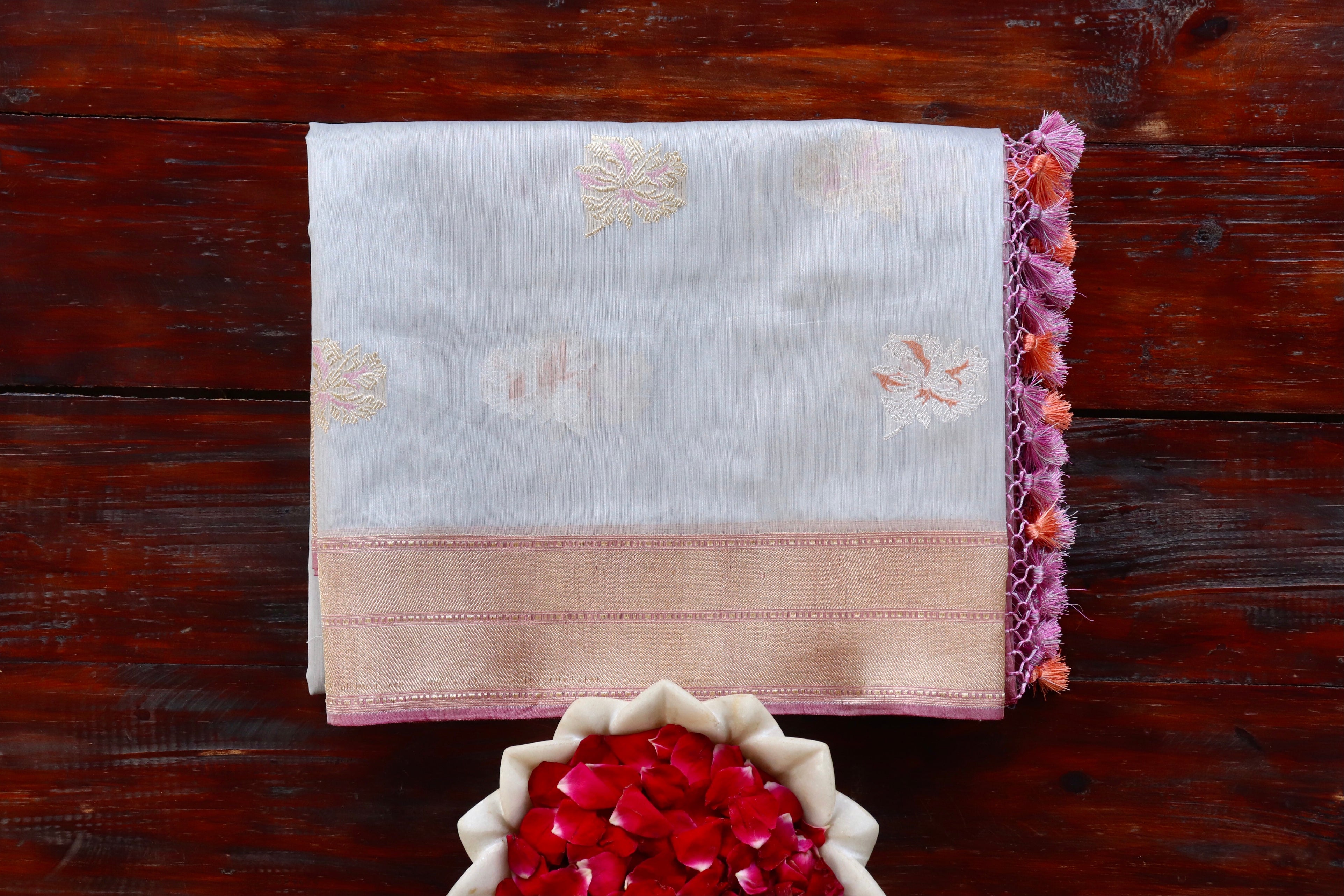 Grey & Pink Organza Kora By Cotton Handloom Saree