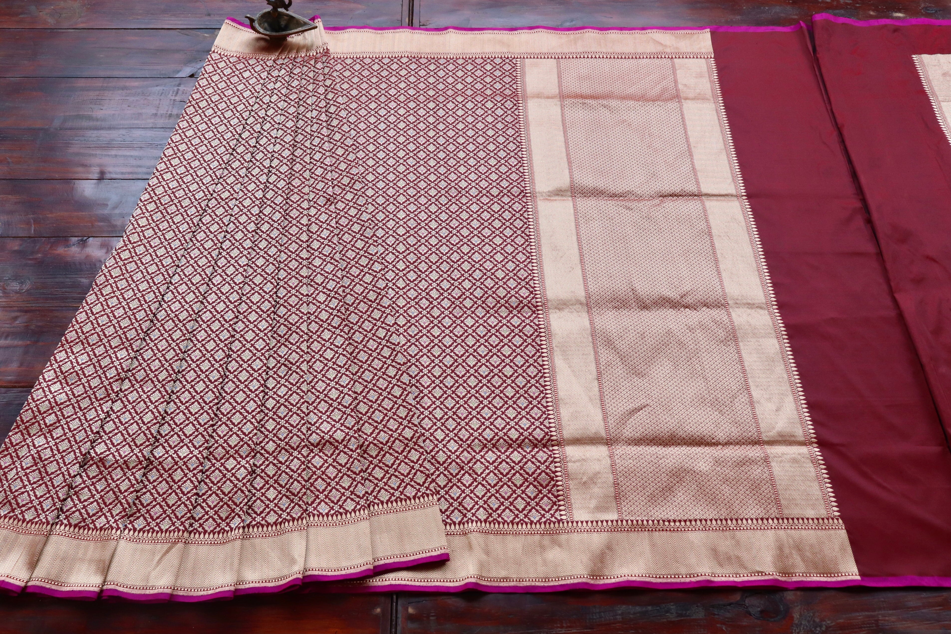 Burgundy Meenadar Handwoven Banarasi Tanchoi Silk Saree
