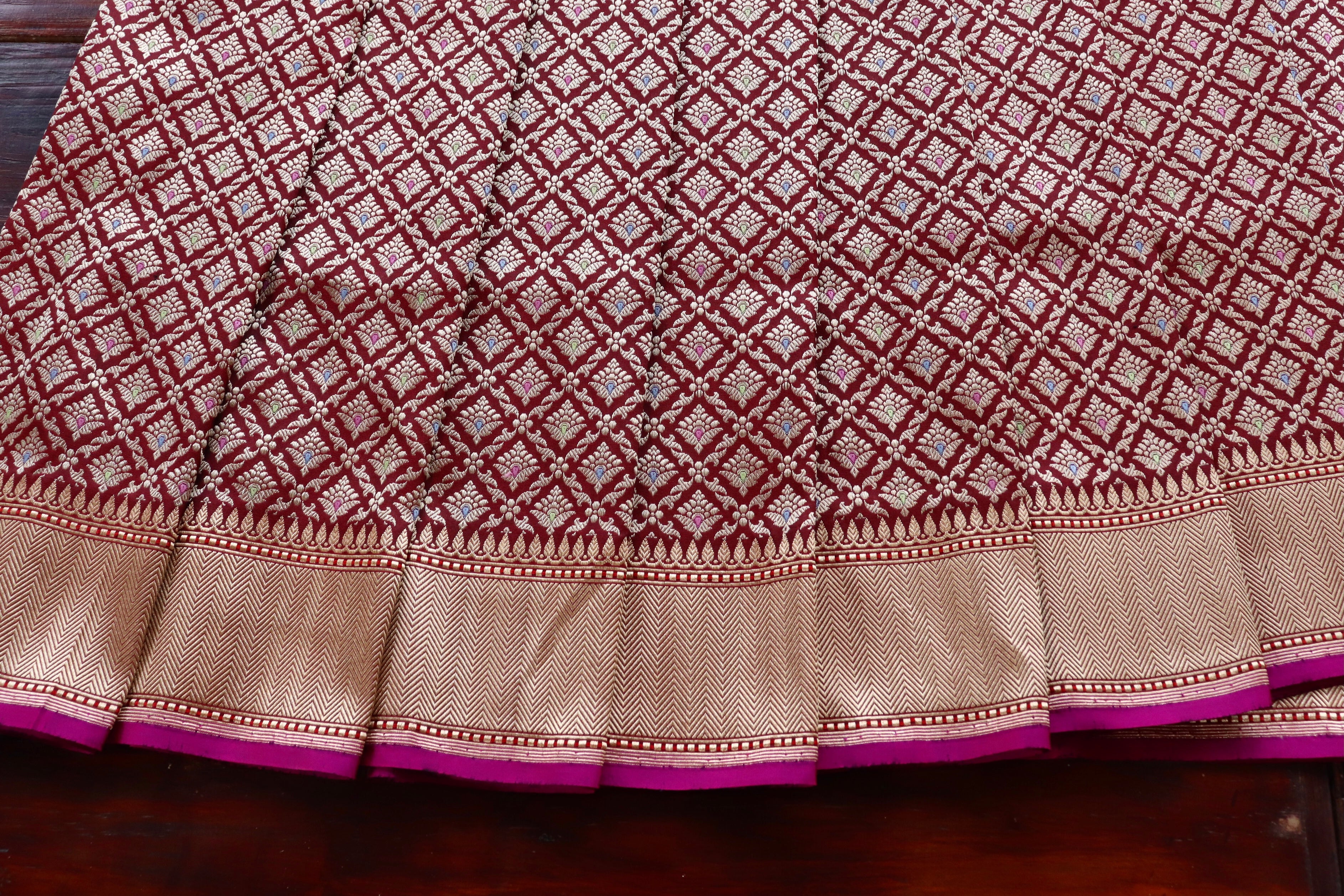 Burgundy Meenadar Handwoven Banarasi Tanchoi Silk Saree