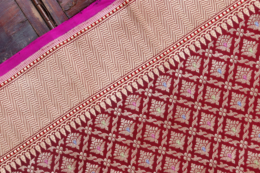 Burgundy Meenadar Handwoven Banarasi Tanchoi Silk Saree