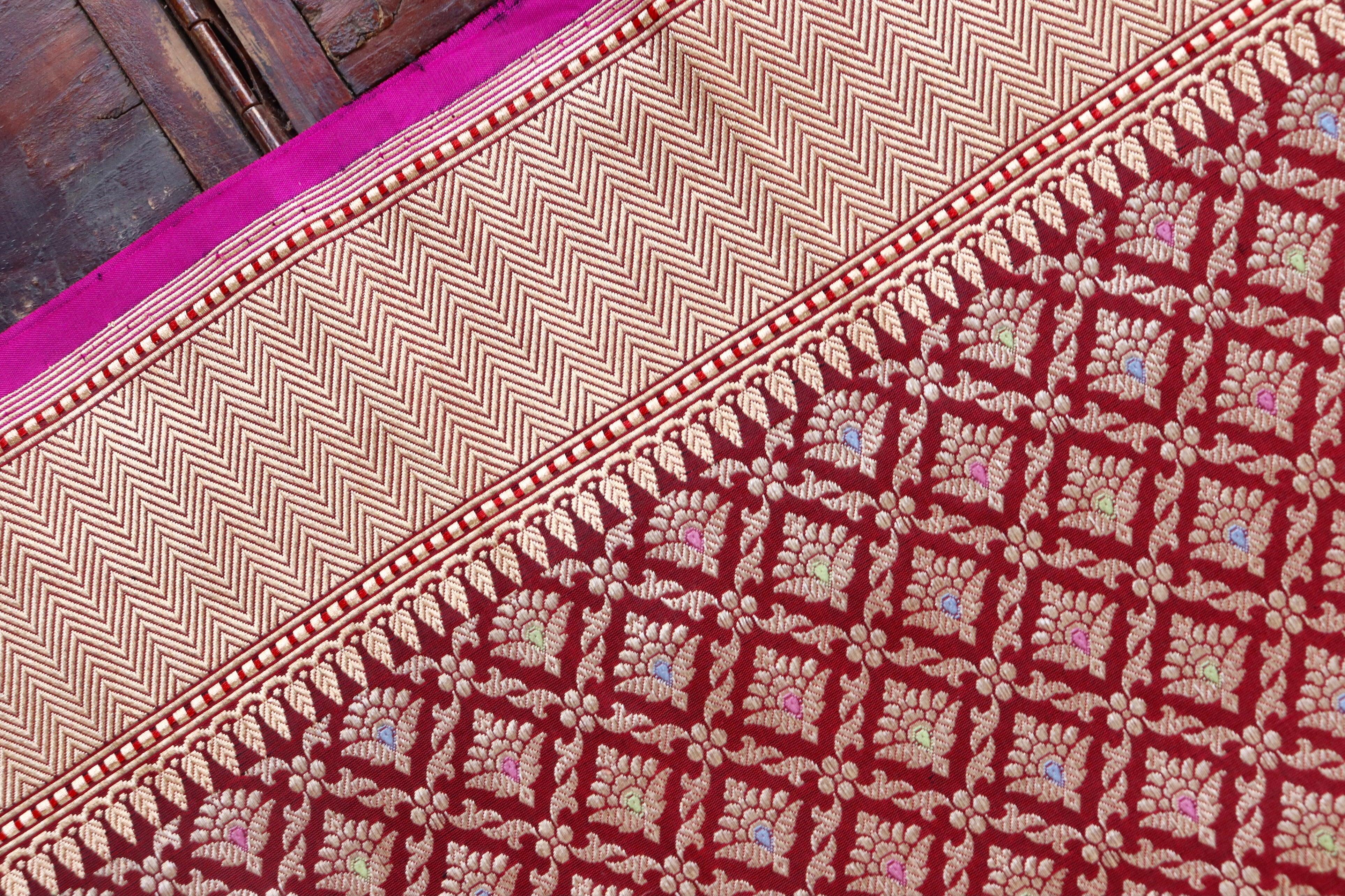 Burgundy Meenadar Handwoven Banarasi Tanchoi Silk Saree