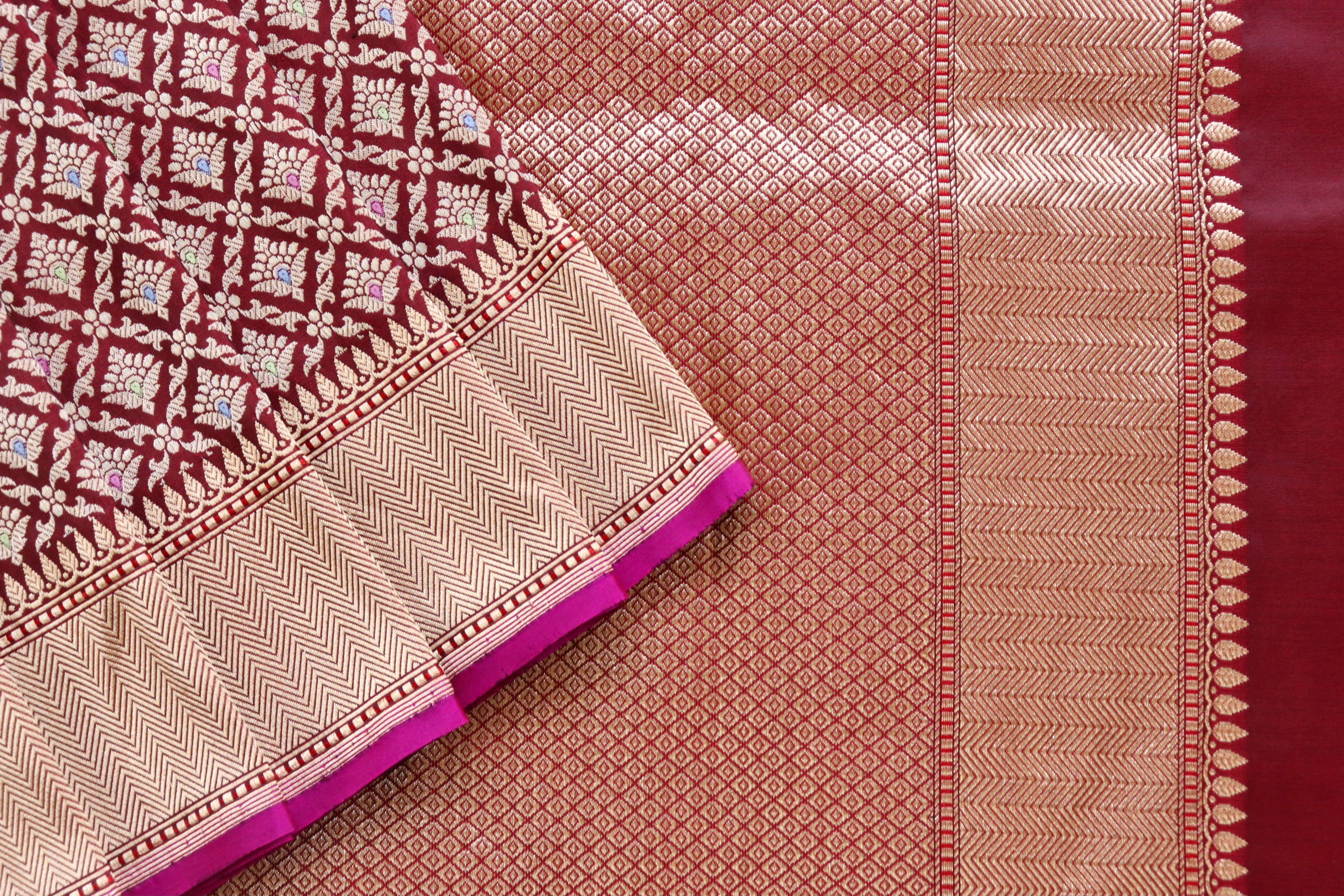 Burgundy Meenadar Handwoven Banarasi Tanchoi Silk Saree