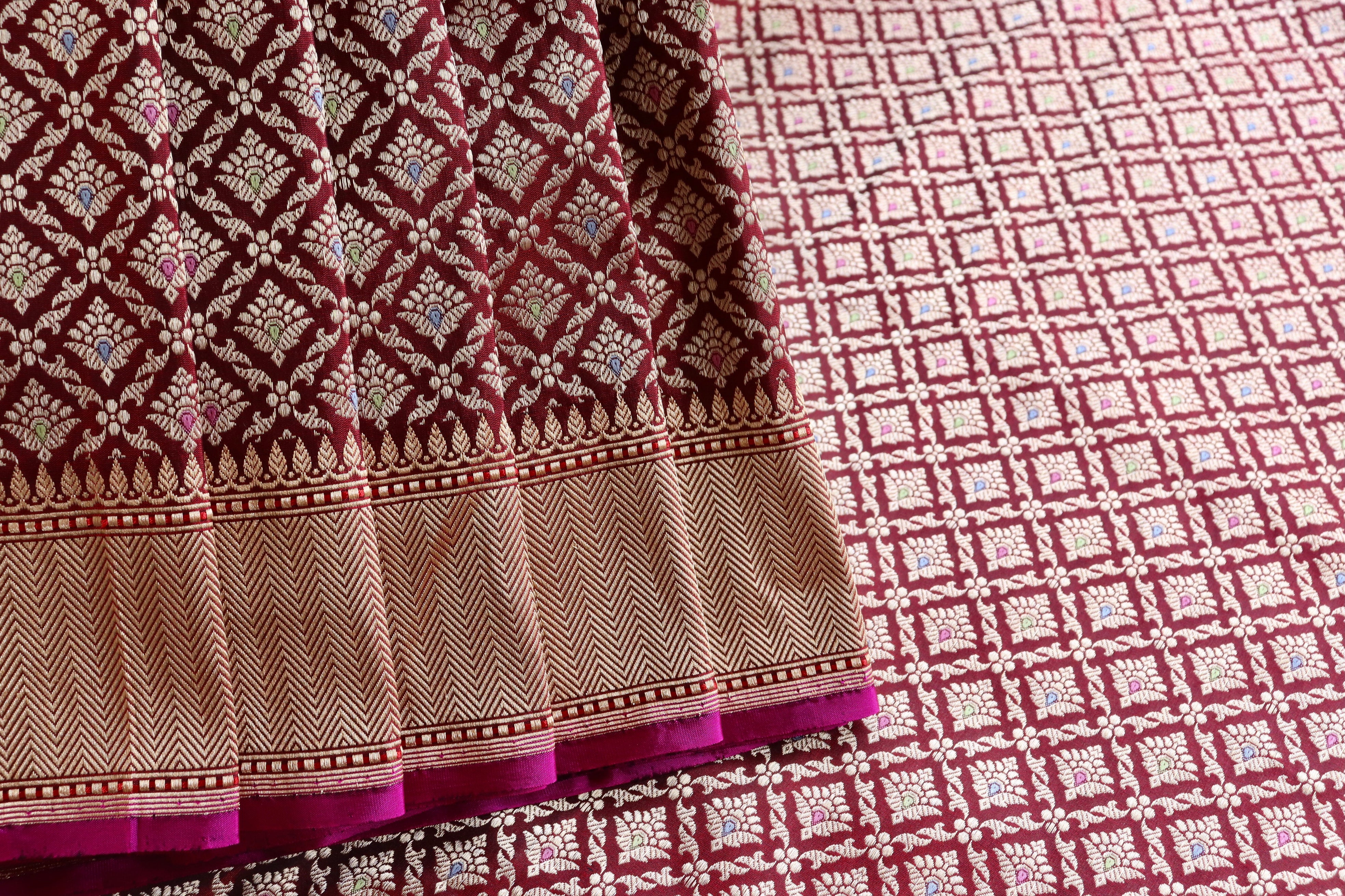 Burgundy Meenadar Handwoven Banarasi Tanchoi Silk Saree
