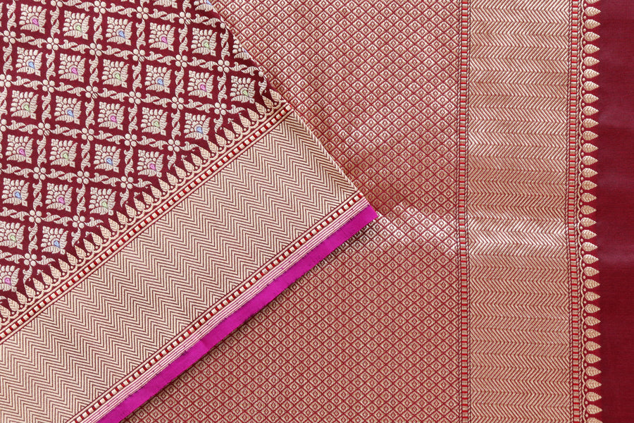 Burgundy Meenadar Handwoven Banarasi Tanchoi Silk Saree