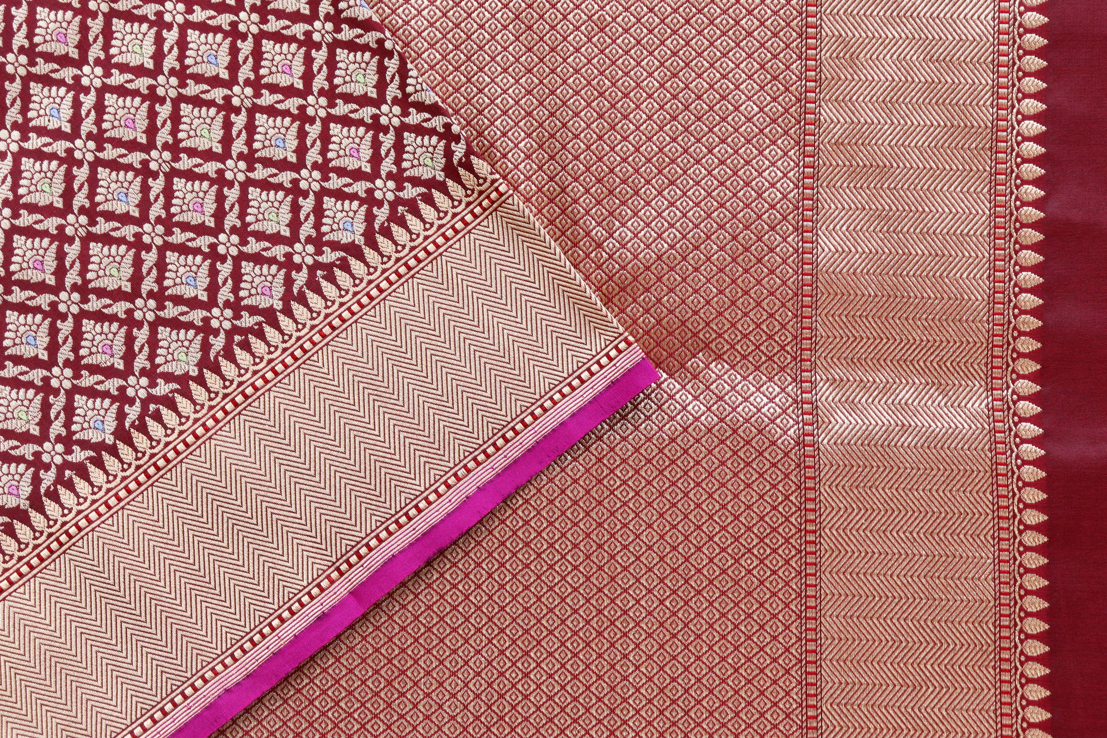 Burgundy Meenadar Handwoven Banarasi Tanchoi Silk Saree