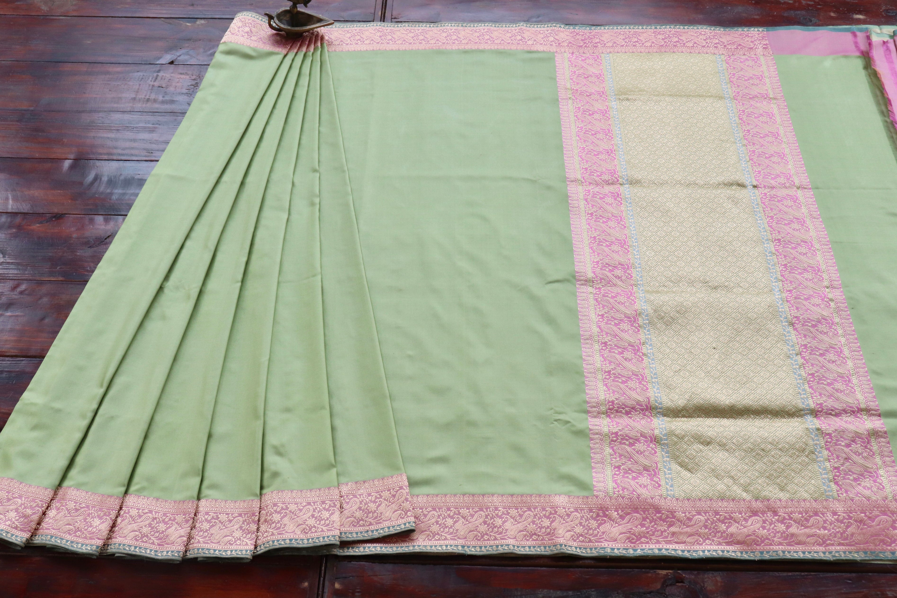 Pista Green & Pink  Banarasi Handwoven Satin Silk Saree