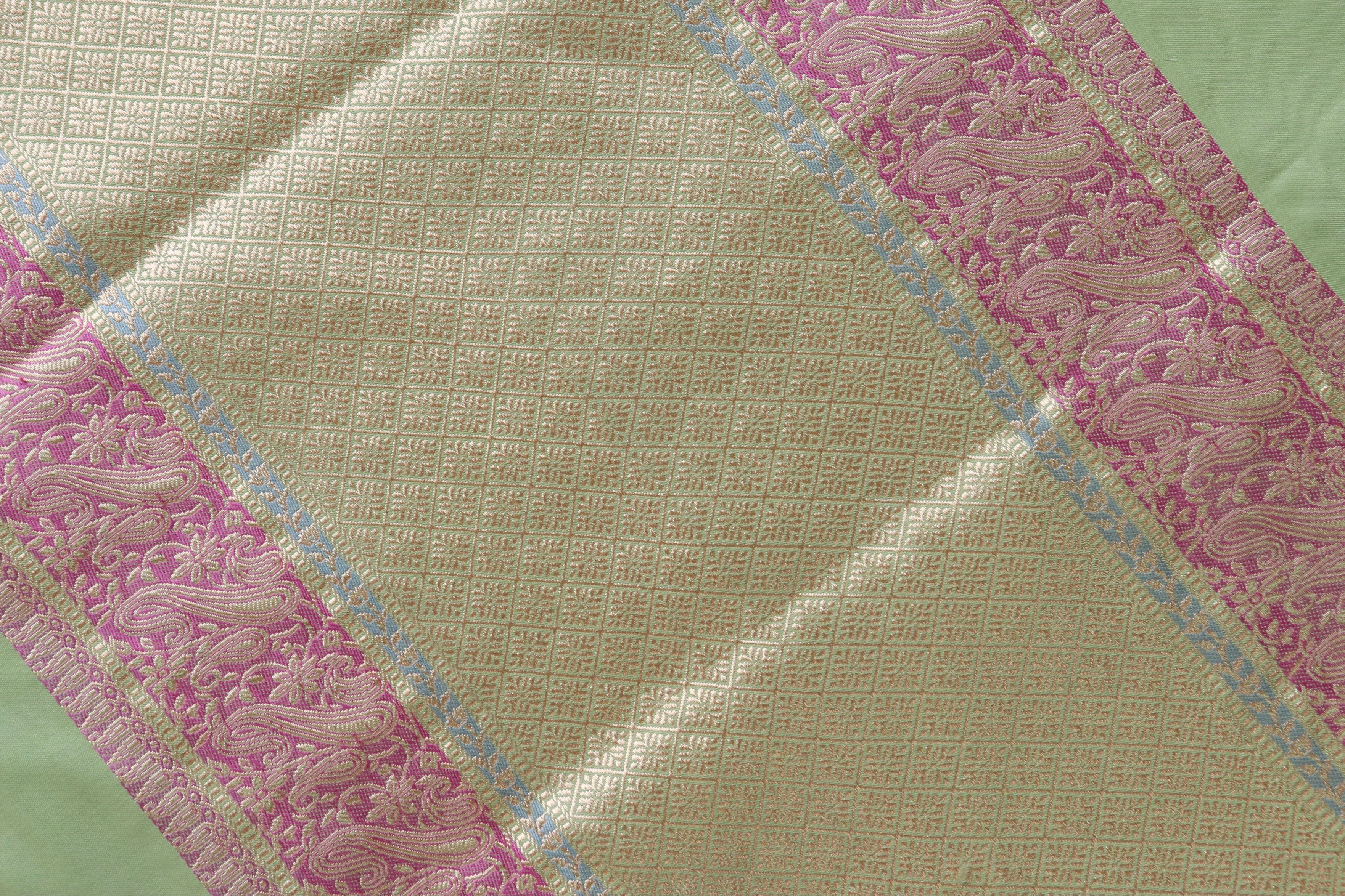 Pista Green & Pink  Banarasi Handwoven Satin Silk Saree