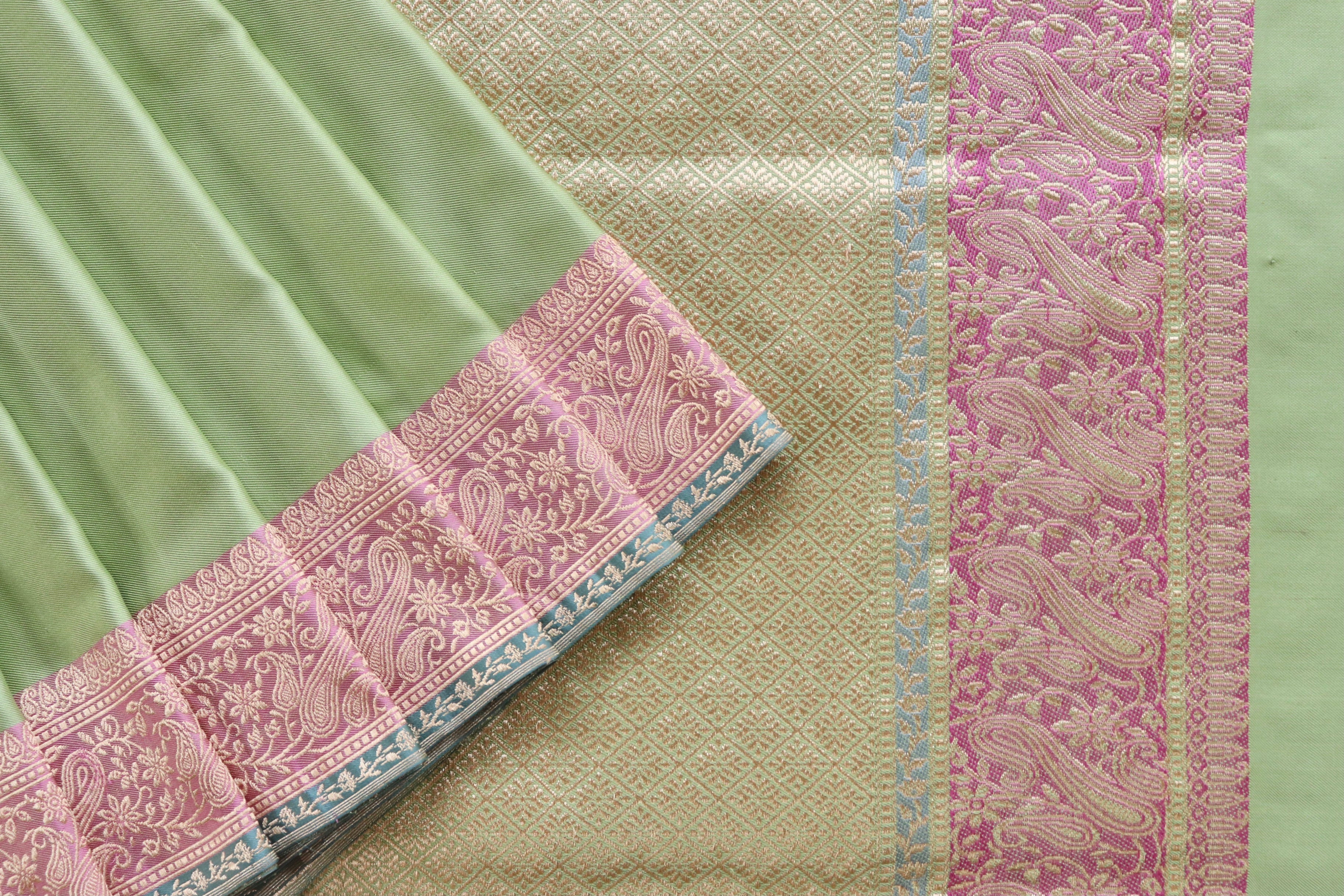 Pista Green & Pink  Banarasi Handwoven Satin Silk Saree