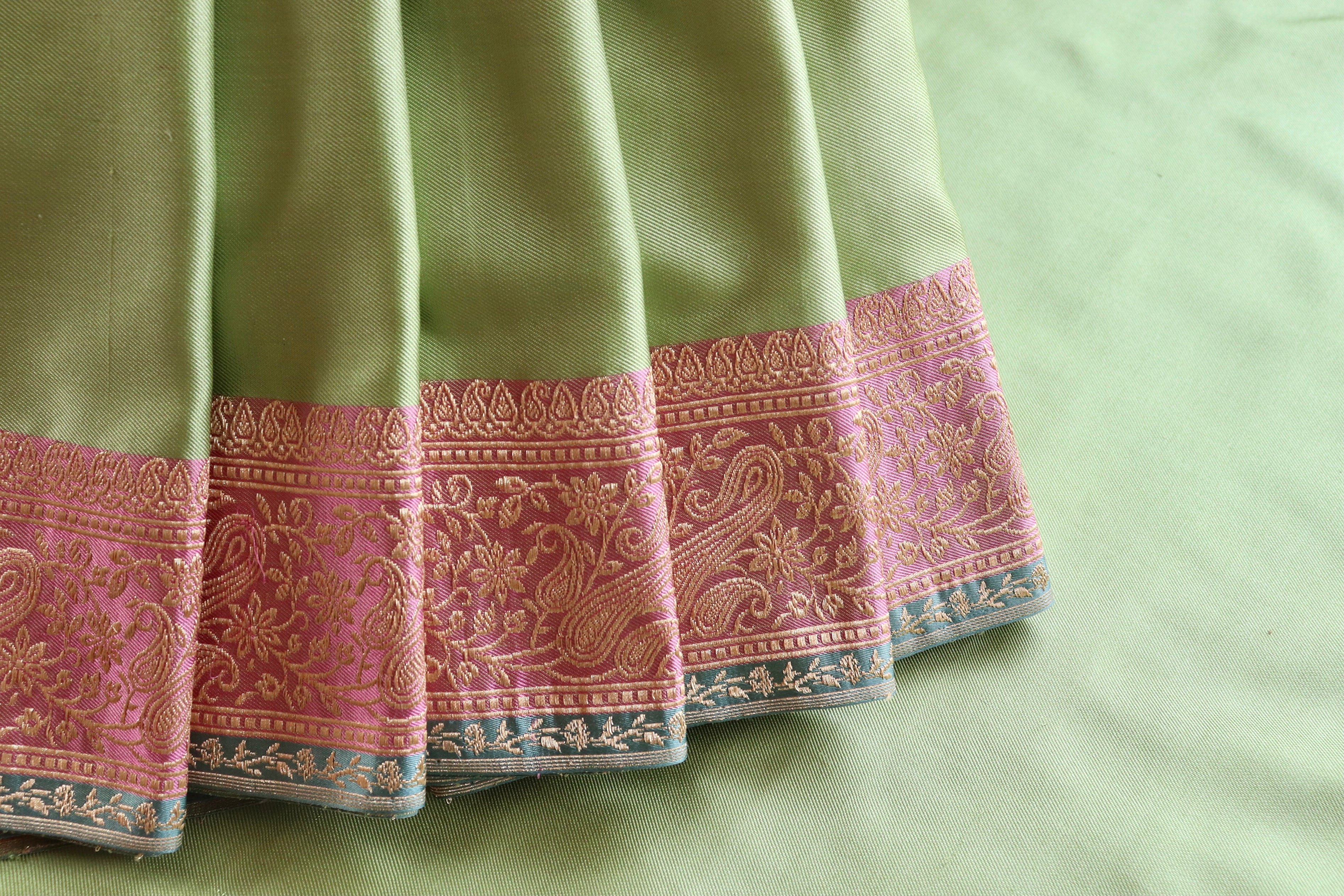 Pista Green & Pink  Banarasi Handwoven Satin Silk Saree
