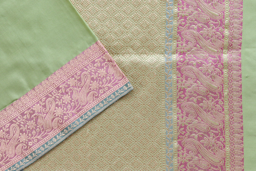 Pista Green & Pink  Banarasi Handwoven Satin Silk Saree