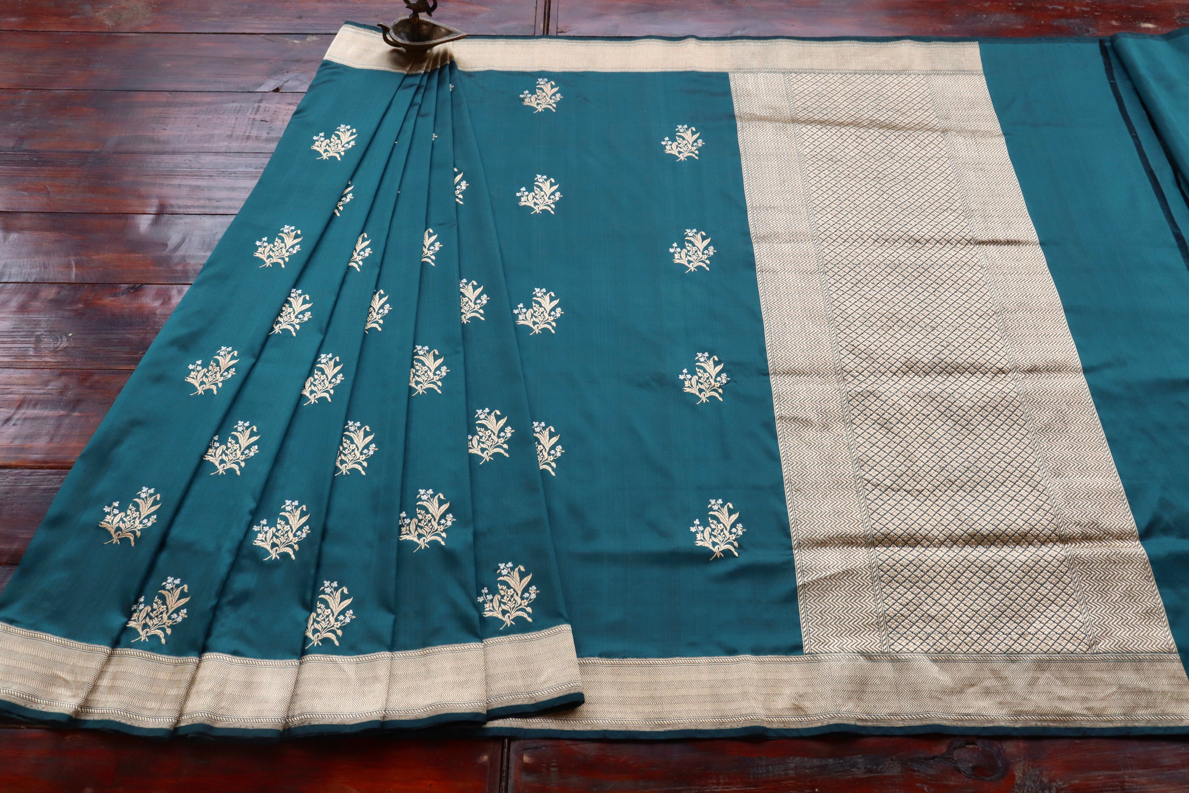 Peacock Blue Alfi Pure Silk Handloom Banarasi Saree