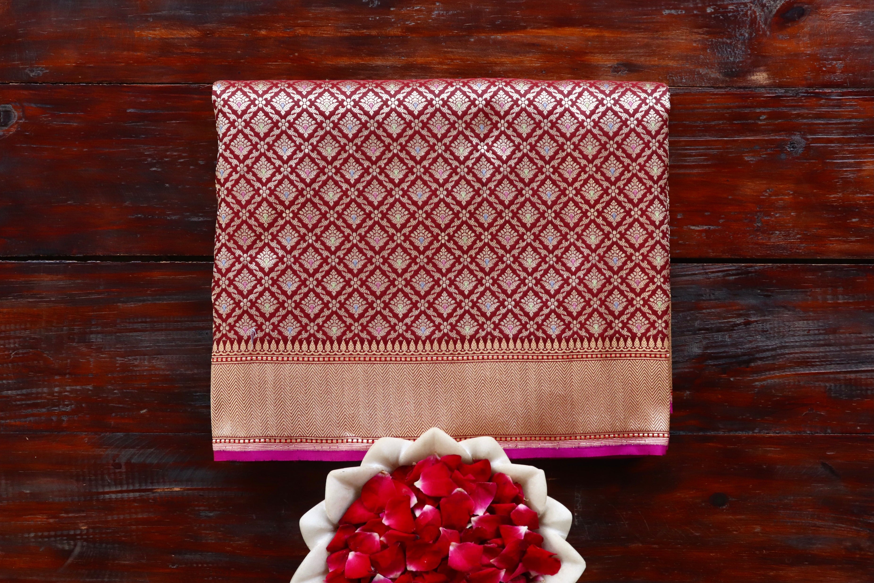 Burgundy Meenadar Handwoven Banarasi Tanchoi Silk Saree