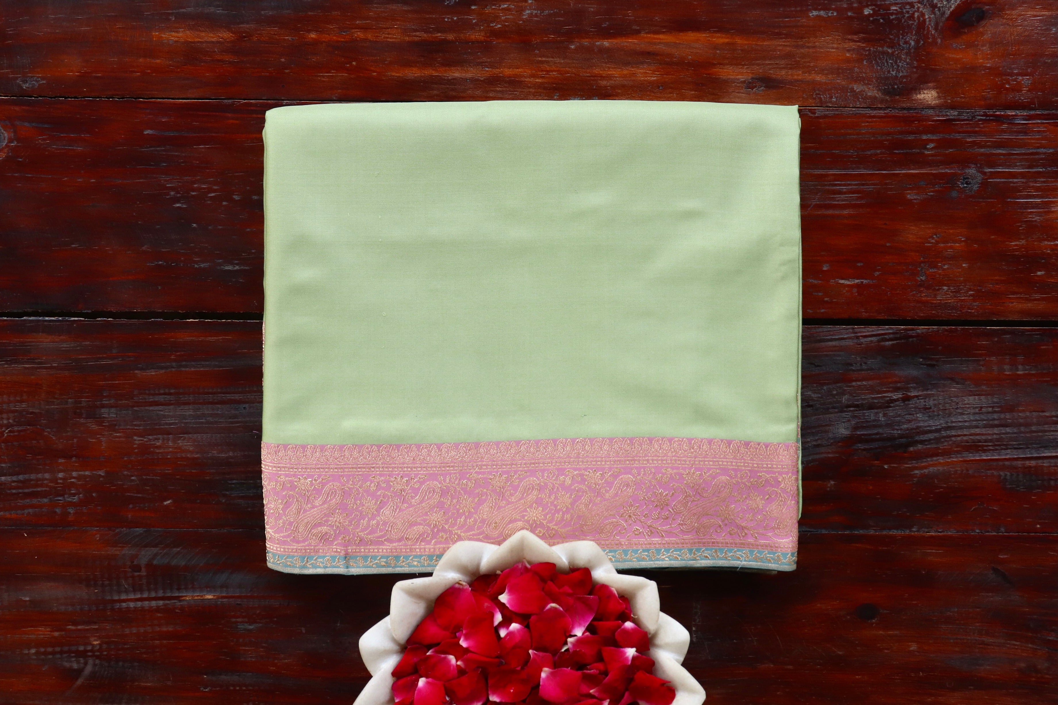 Pista Green & Pink  Banarasi Handwoven Satin Silk Saree