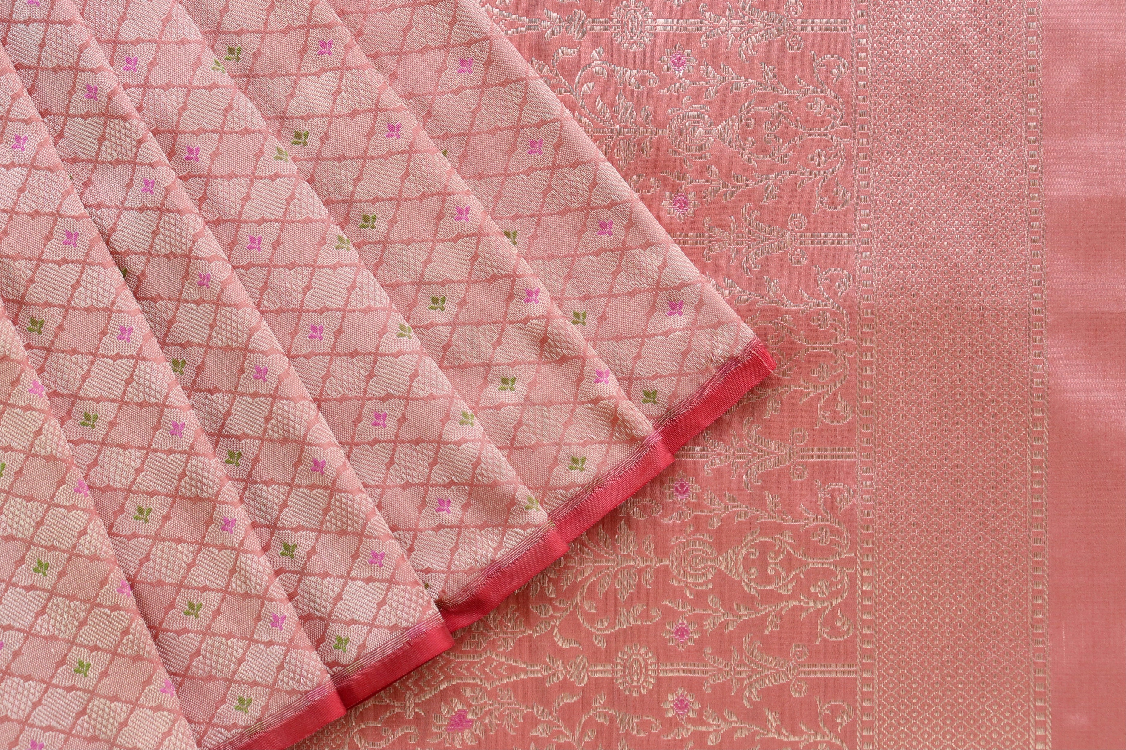 Peach Meenadar Tanchoi Pure Silk Handloom Banarasi Saree
