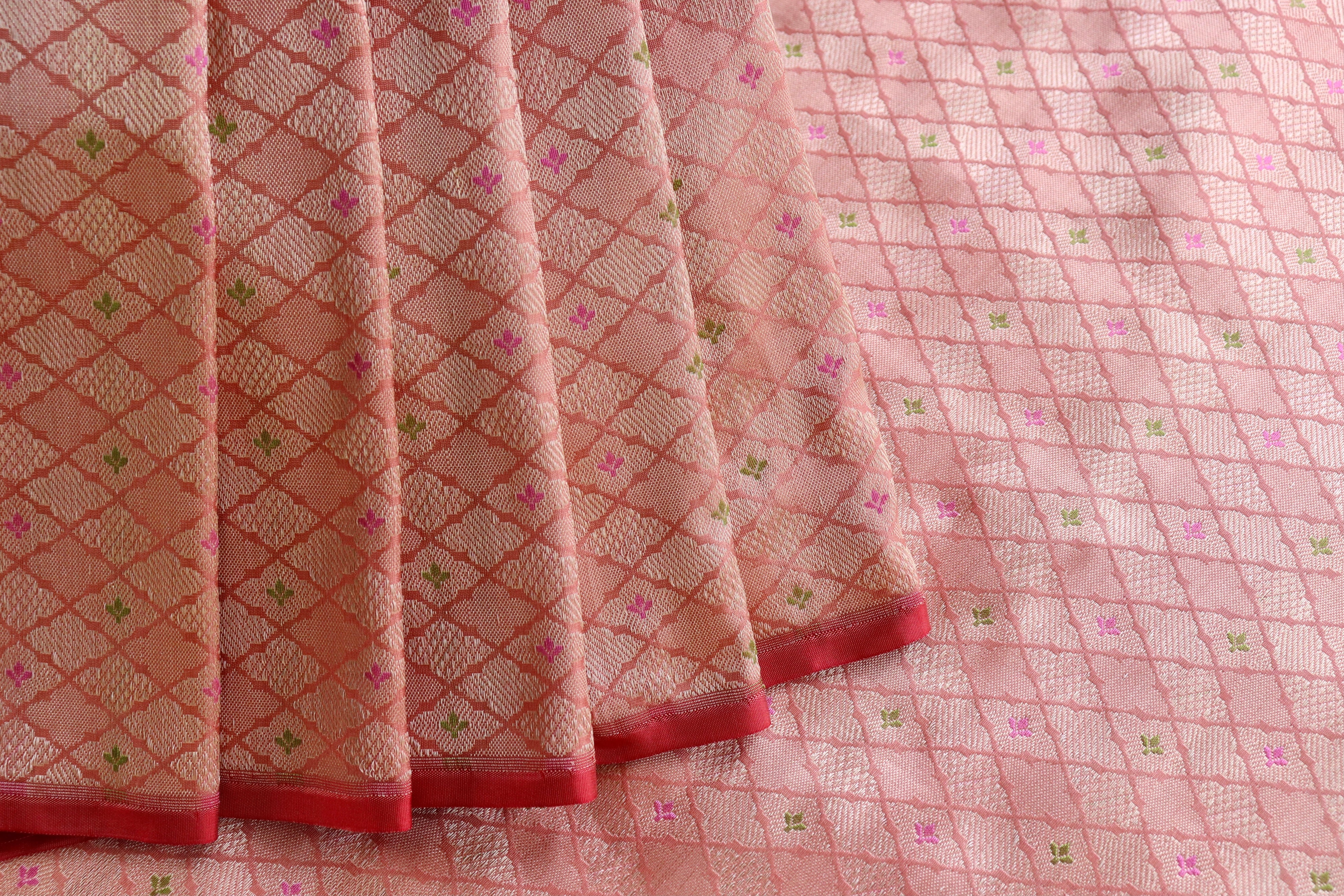 Peach Meenadar Tanchoi Pure Silk Handloom Banarasi Saree