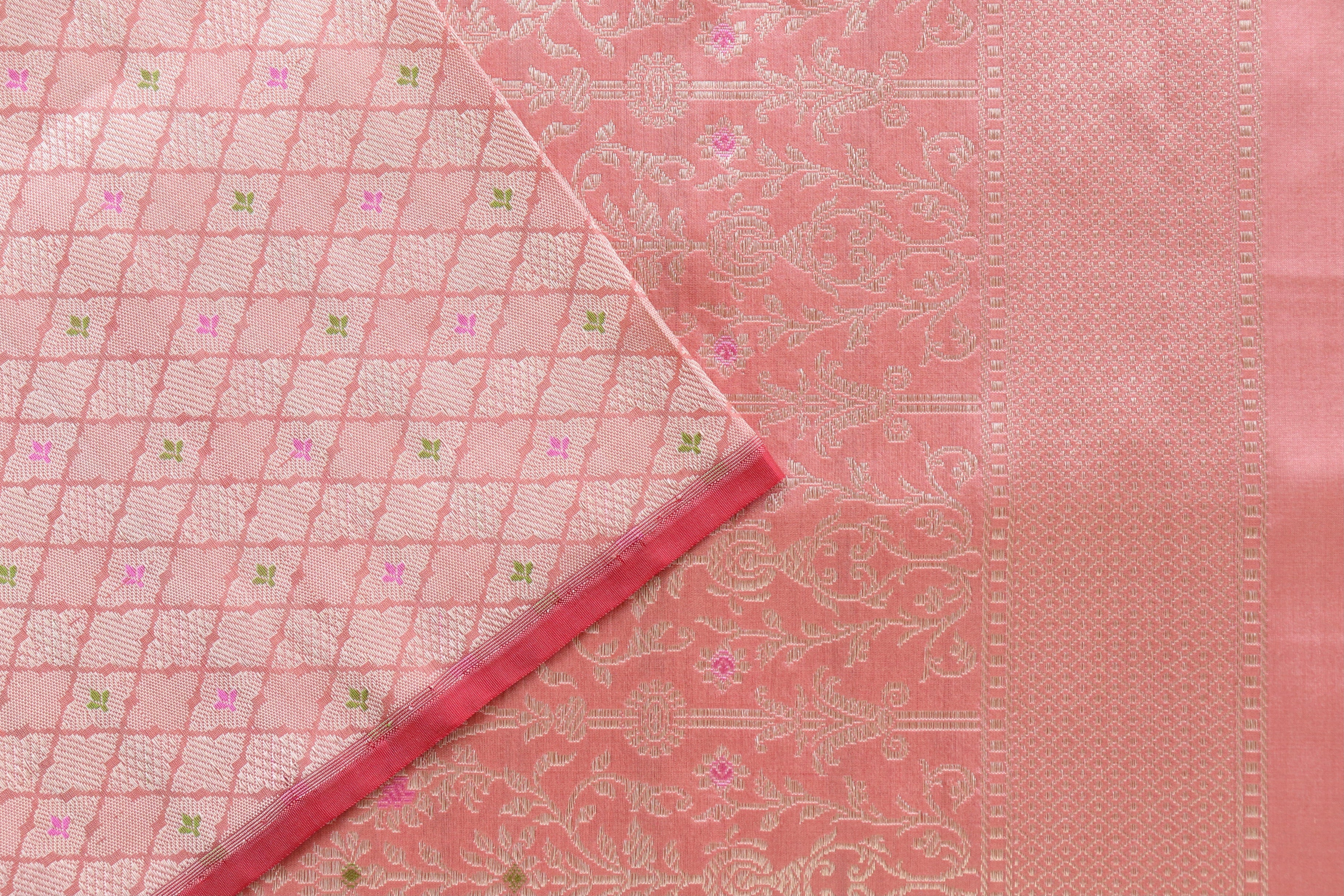 Peach Meenadar Tanchoi Pure Silk Handloom Banarasi Saree