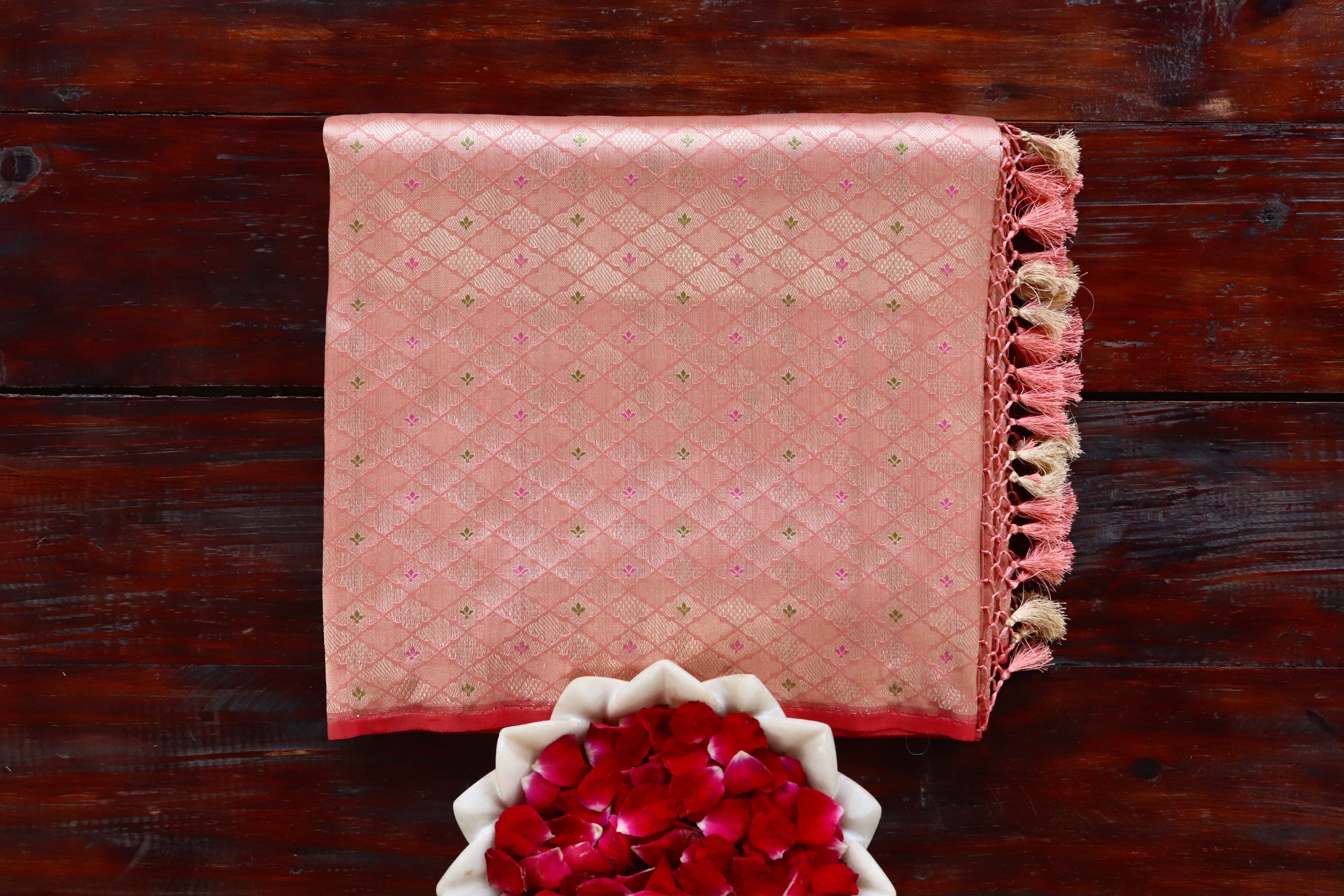 Peach Meenadar Tanchoi Pure Silk Handloom Banarasi Saree